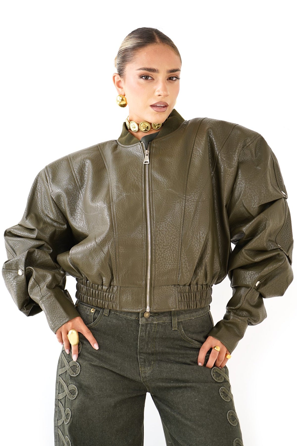 GIUBBOTTO RILEY CROPPED VERDE IN ECOPELLE MANICHE CON BOTTONI