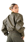 GIUBBOTTO RILEY CROPPED VERDE IN ECOPELLE MANICHE CON BOTTONI