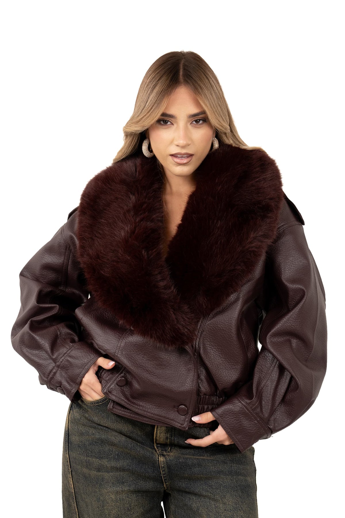 GIUBBOTTO CRUDELIA BORDEAUX PELLE CON COLLO PELLICCIA REMOVIBILE