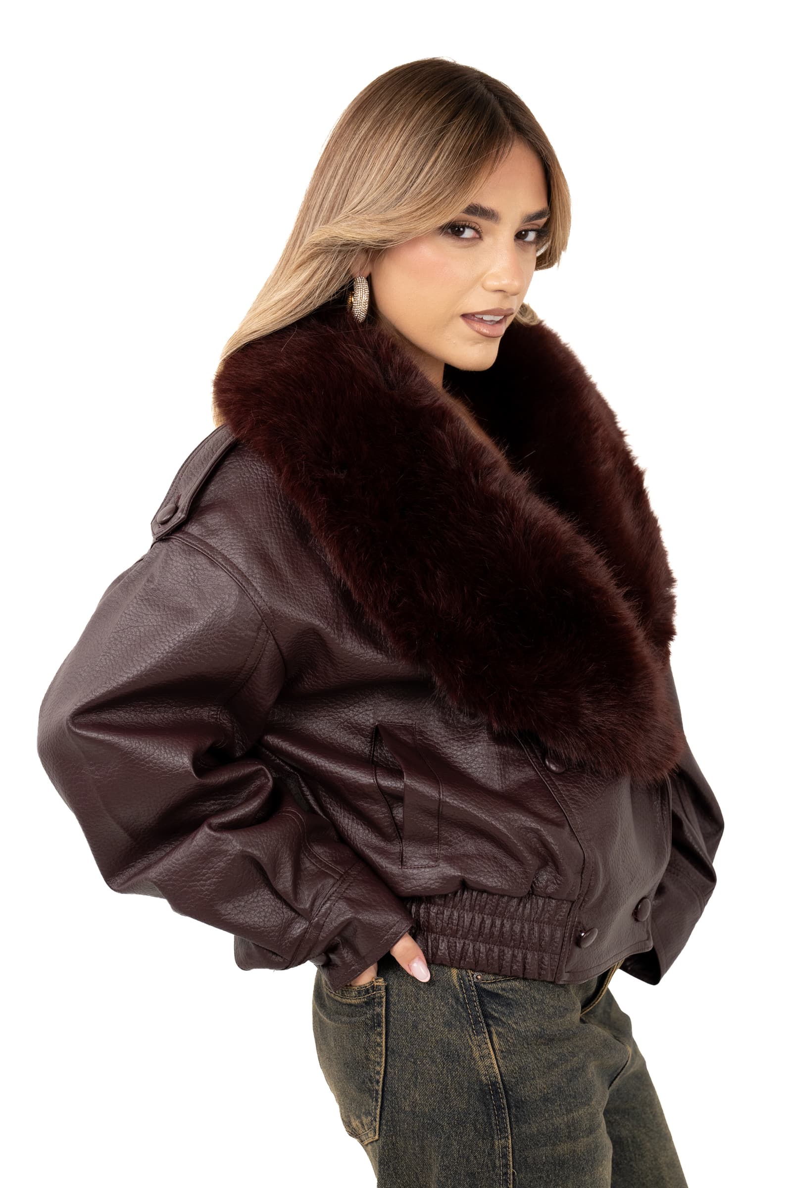 GIUBBOTTO CRUDELIA BORDEAUX PELLE CON COLLO PELLICCIA REMOVIBILE