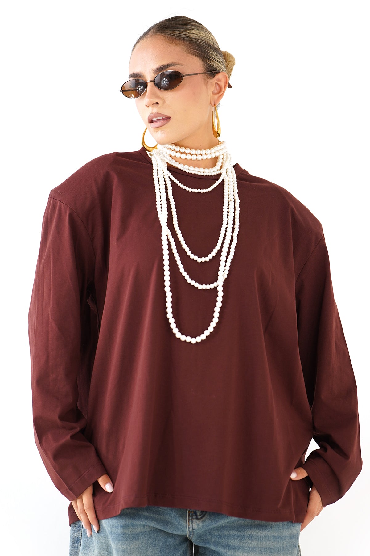 T-SHIRT SIENA BORDEAUX A MANICHE LUNGHE CON SPALLINE JUSTWEST