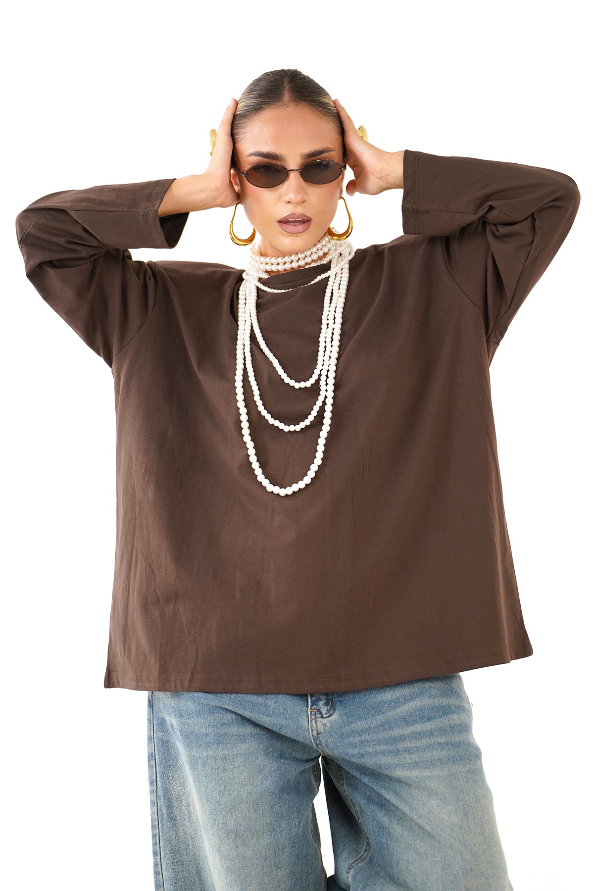 T-SHIRT SIENA MARRONE A MANICHE LUNGHE CON SPALLINE JUSTWEST
