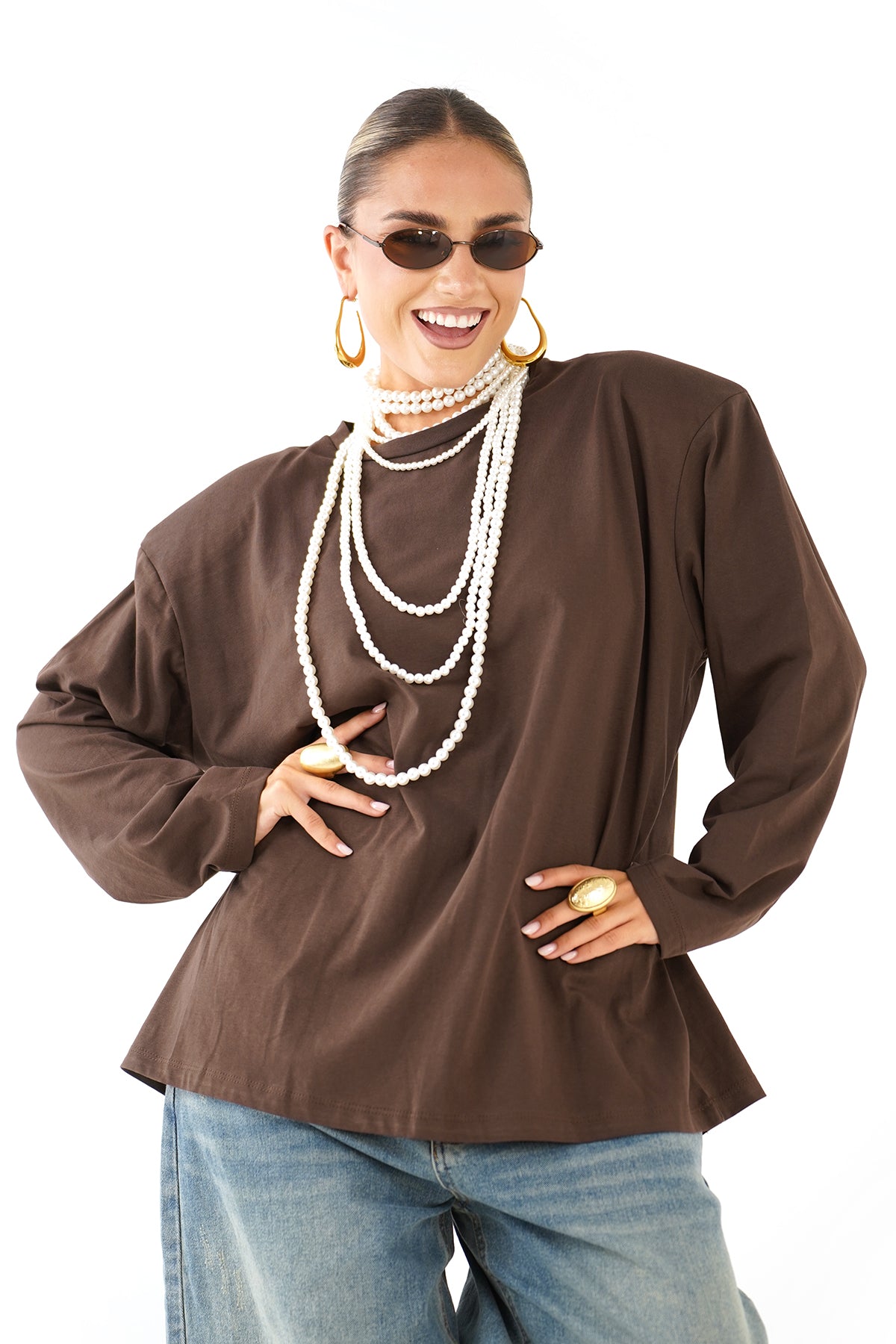 T-SHIRT SIENA MARRONE A MANICHE LUNGHE CON SPALLINE JUSTWEST
