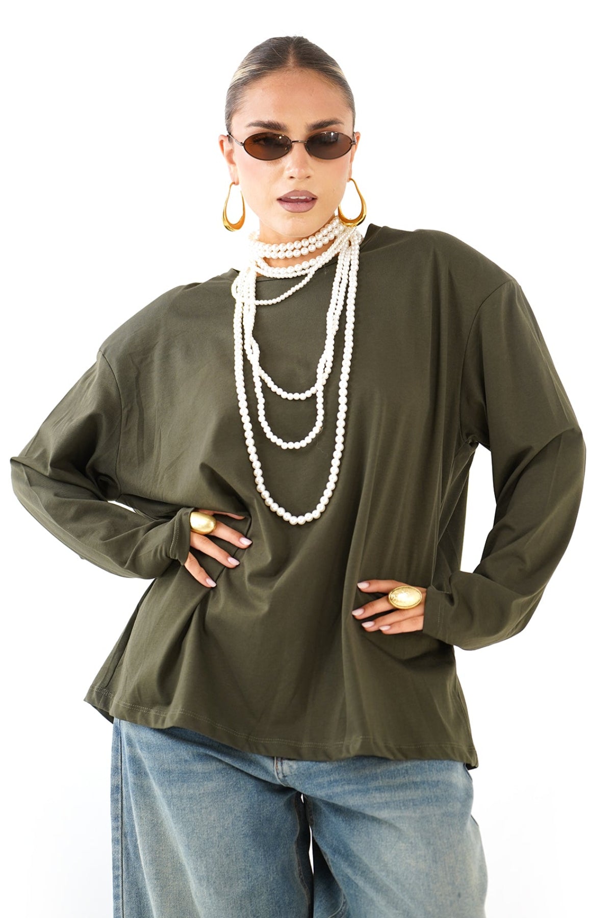 T-SHIRT SIENA VERDE A MANICHE LUNGHE CON SPALLINE JUSTWEST