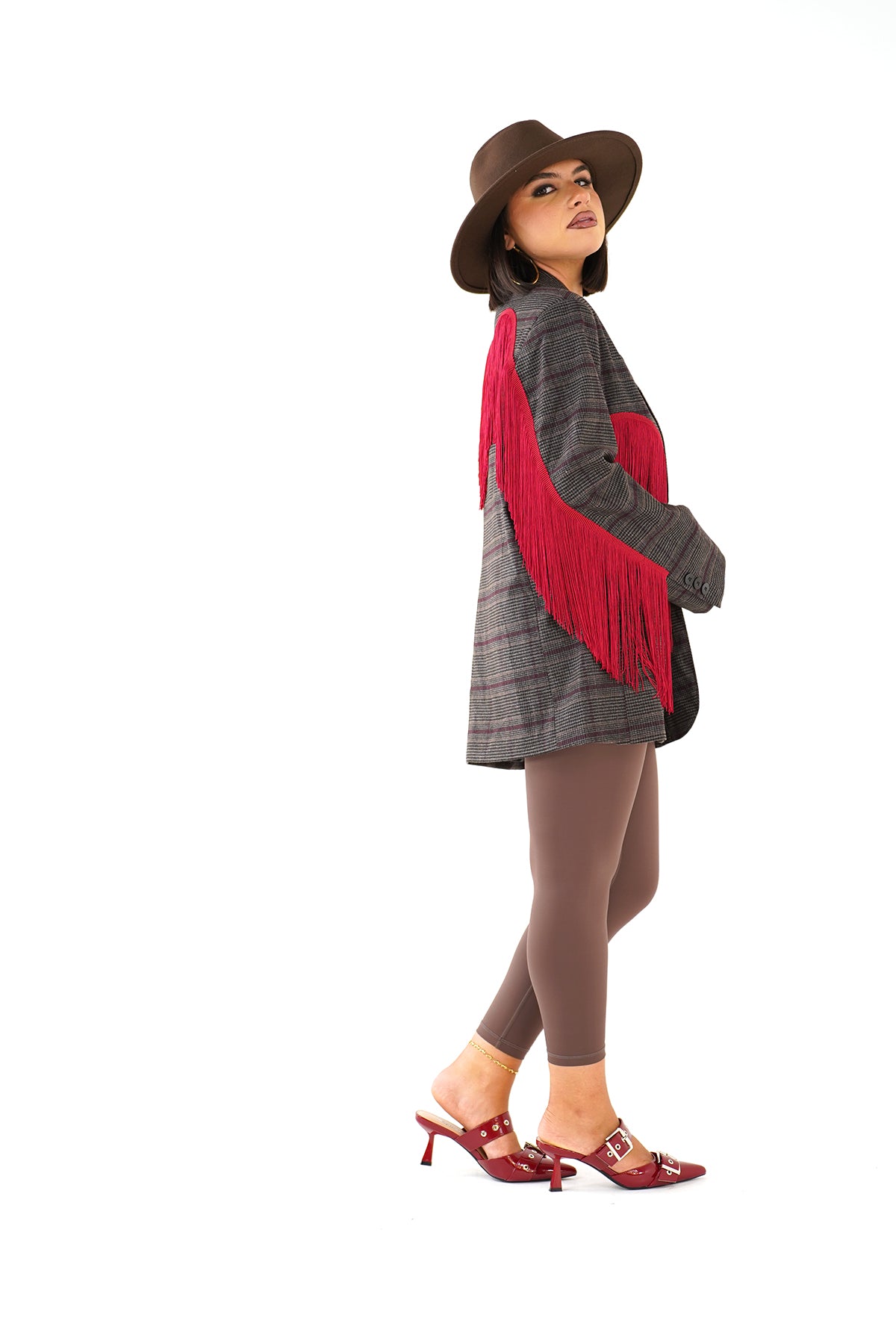 BLAZER OVERSIZE BROOKLYN MARRONE/BORDEAUX GALLES CON FRANGE ROSSE STILE WESTERN