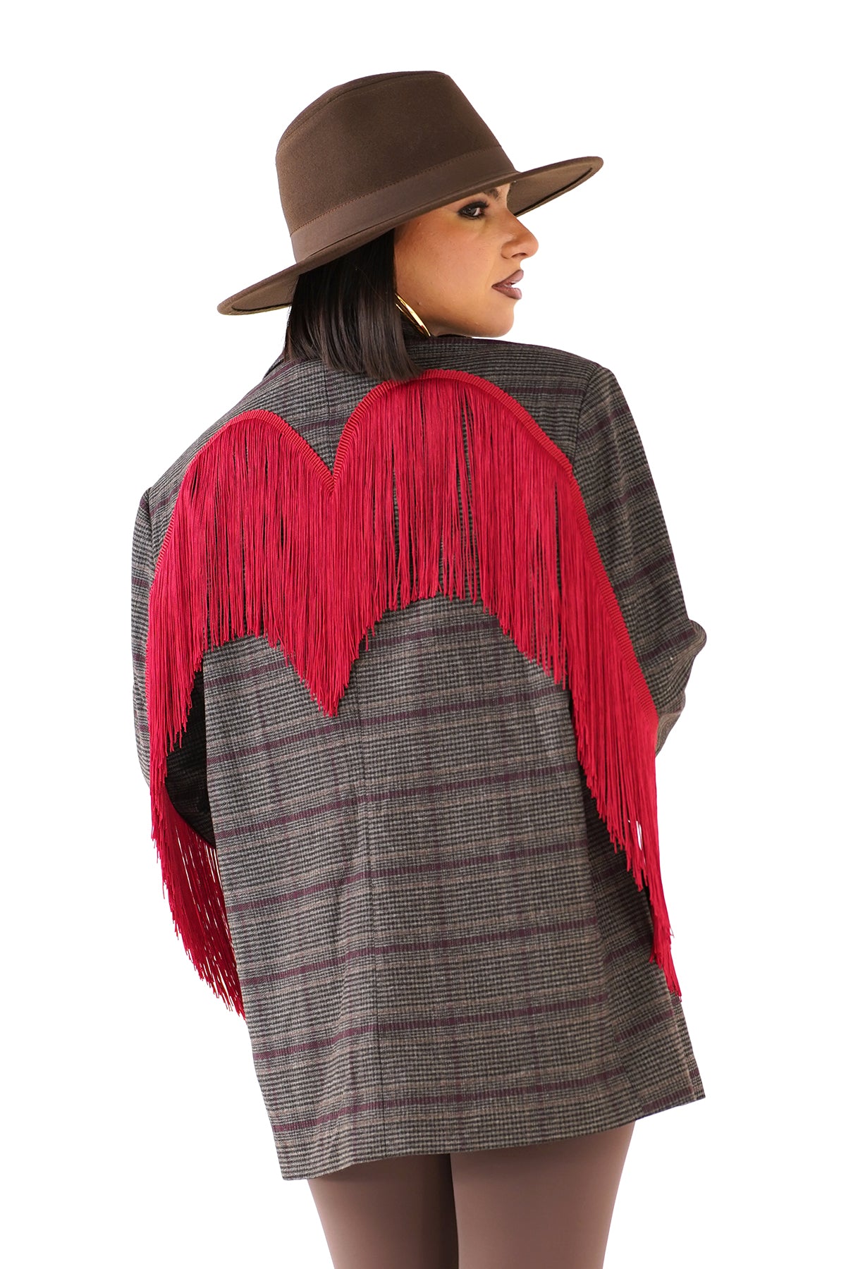 BLAZER OVERSIZE BROOKLYN MARRONE/BORDEAUX GALLES CON FRANGE ROSSE STILE WESTERN