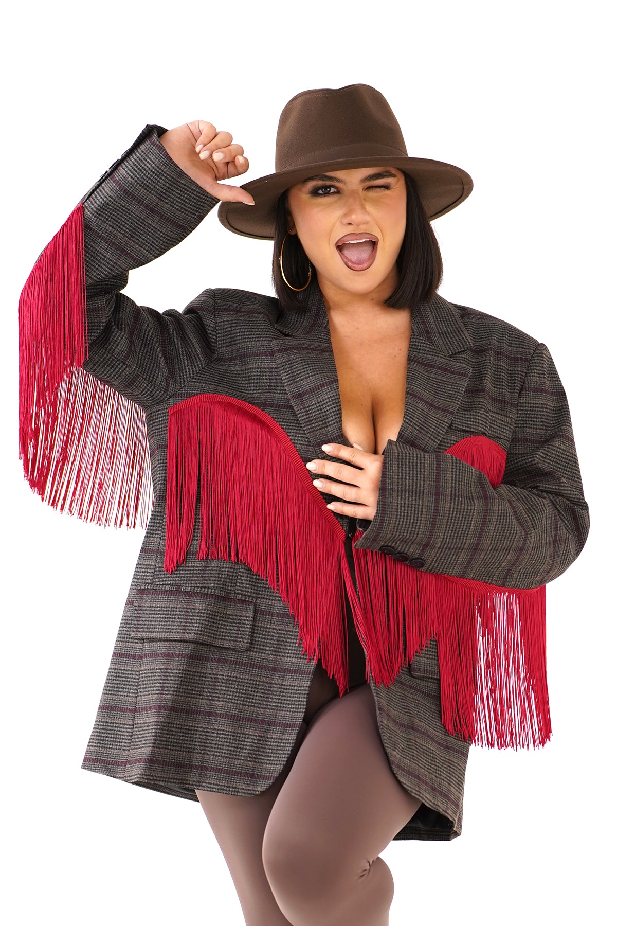 BLAZER OVERSIZE BROOKLYN MARRONE/BORDEAUX GALLES CON FRANGE ROSSE STILE WESTERN
