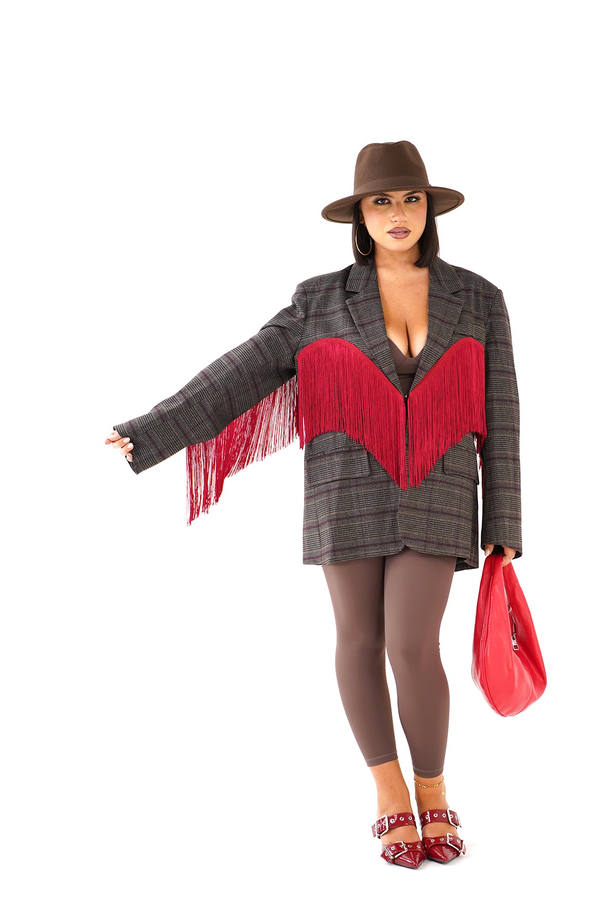 BLAZER OVERSIZE BROOKLYN MARRONE/BORDEAUX GALLES CON FRANGE ROSSE STILE WESTERN
