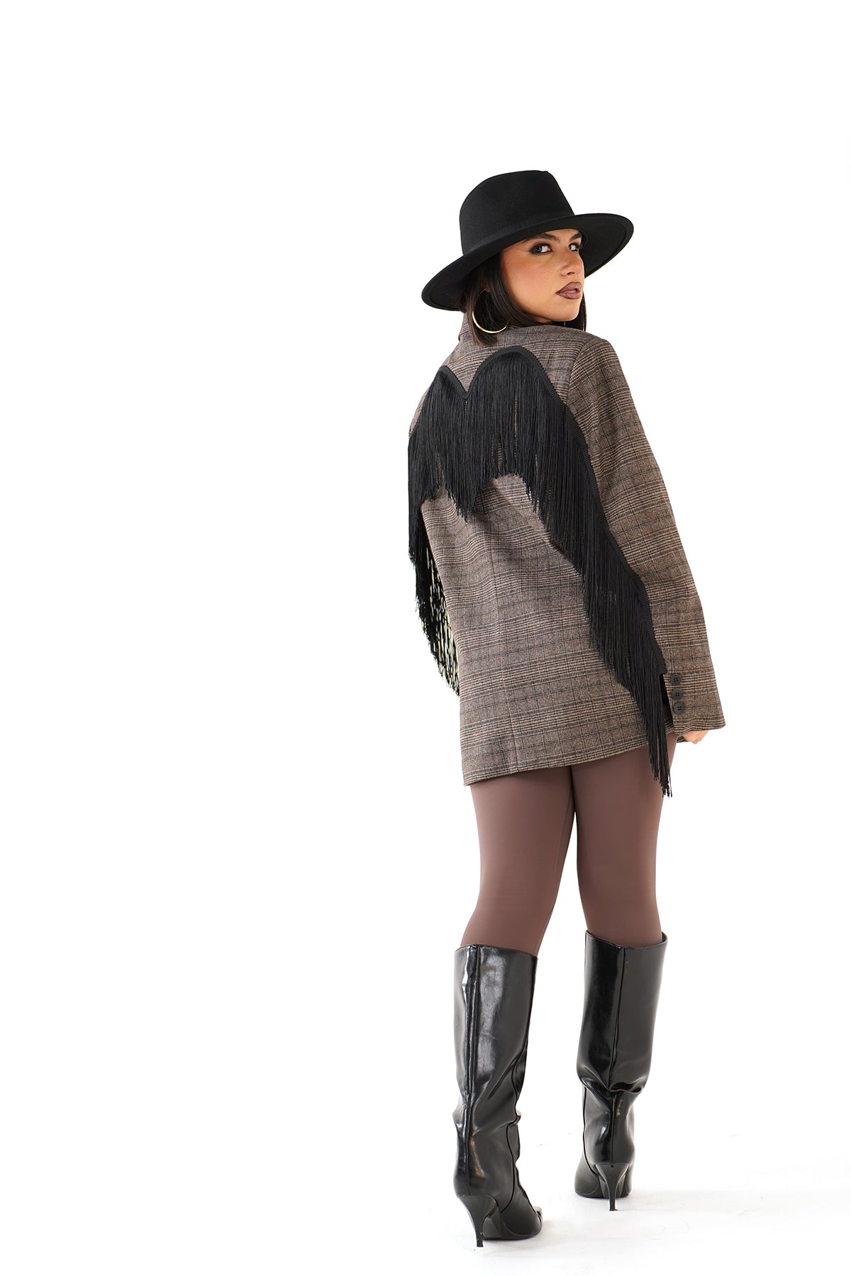 BLAZER OVERSIZE BROOKLYN MARRONE QUADRI CON FRANGE NERE STILE WESTERN