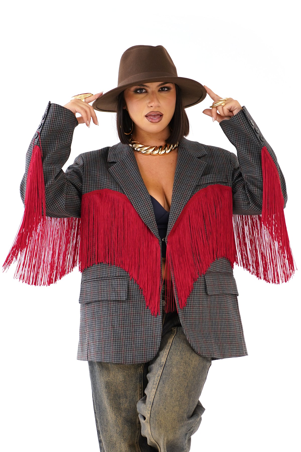 BLAZER OVERSIZE BROOKLYN GRIGIO CON FRANGE ROSSE WESTERN CHIC
