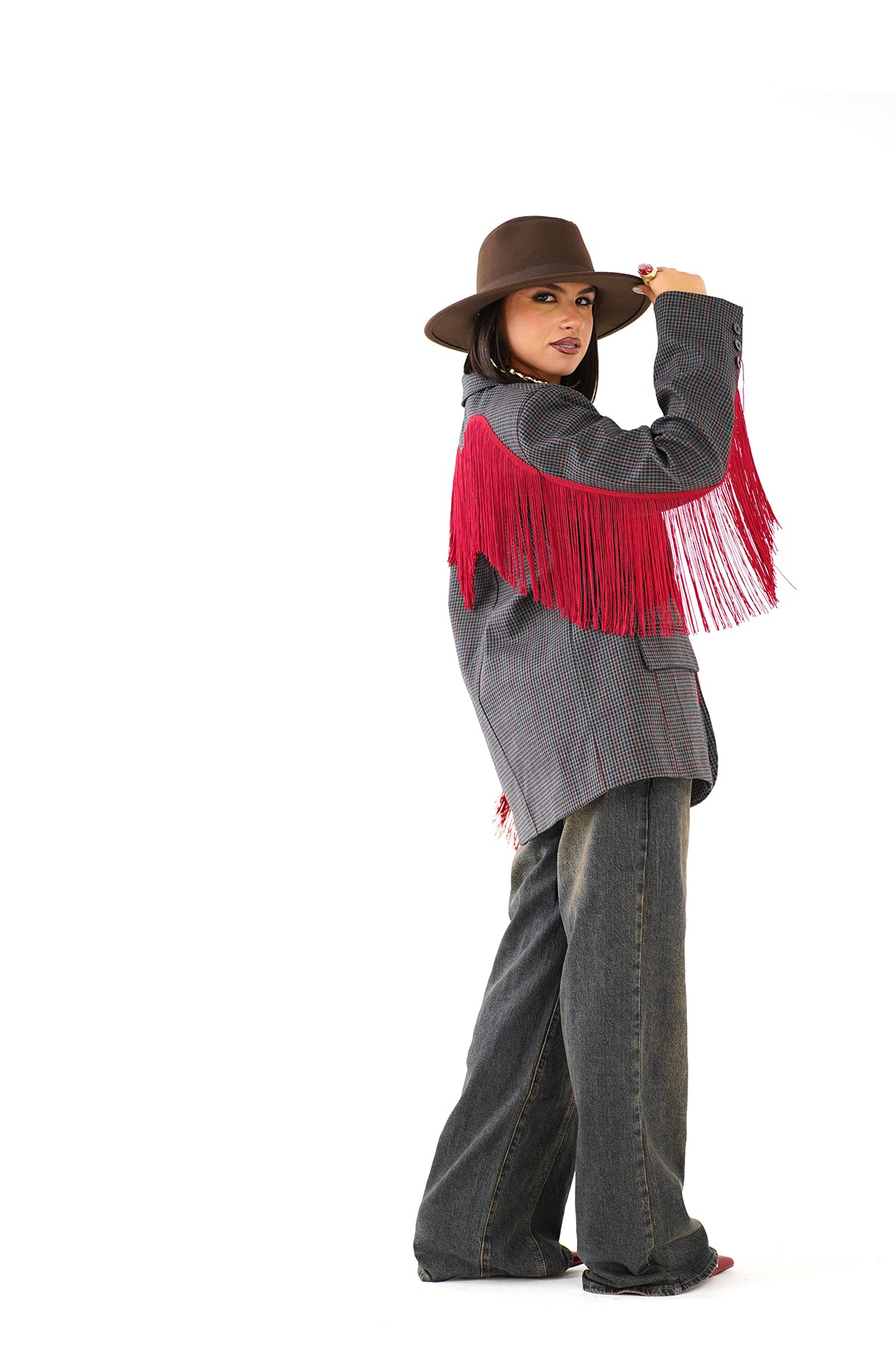 BLAZER OVERSIZE BROOKLYN GRIGIO CON FRANGE ROSSE WESTERN CHIC
