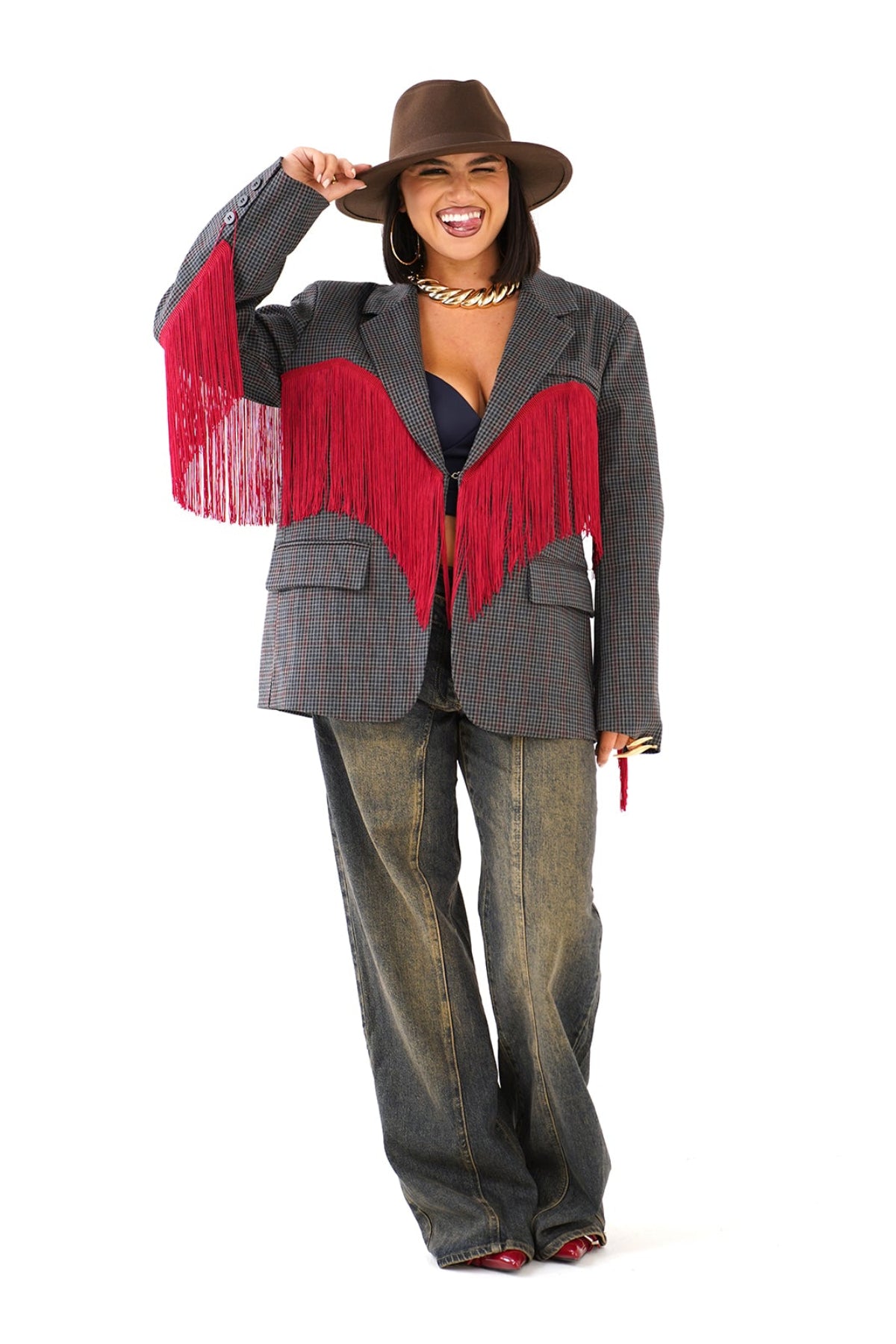 BLAZER OVERSIZE BROOKLYN GRIGIO CON FRANGE ROSSE WESTERN CHIC