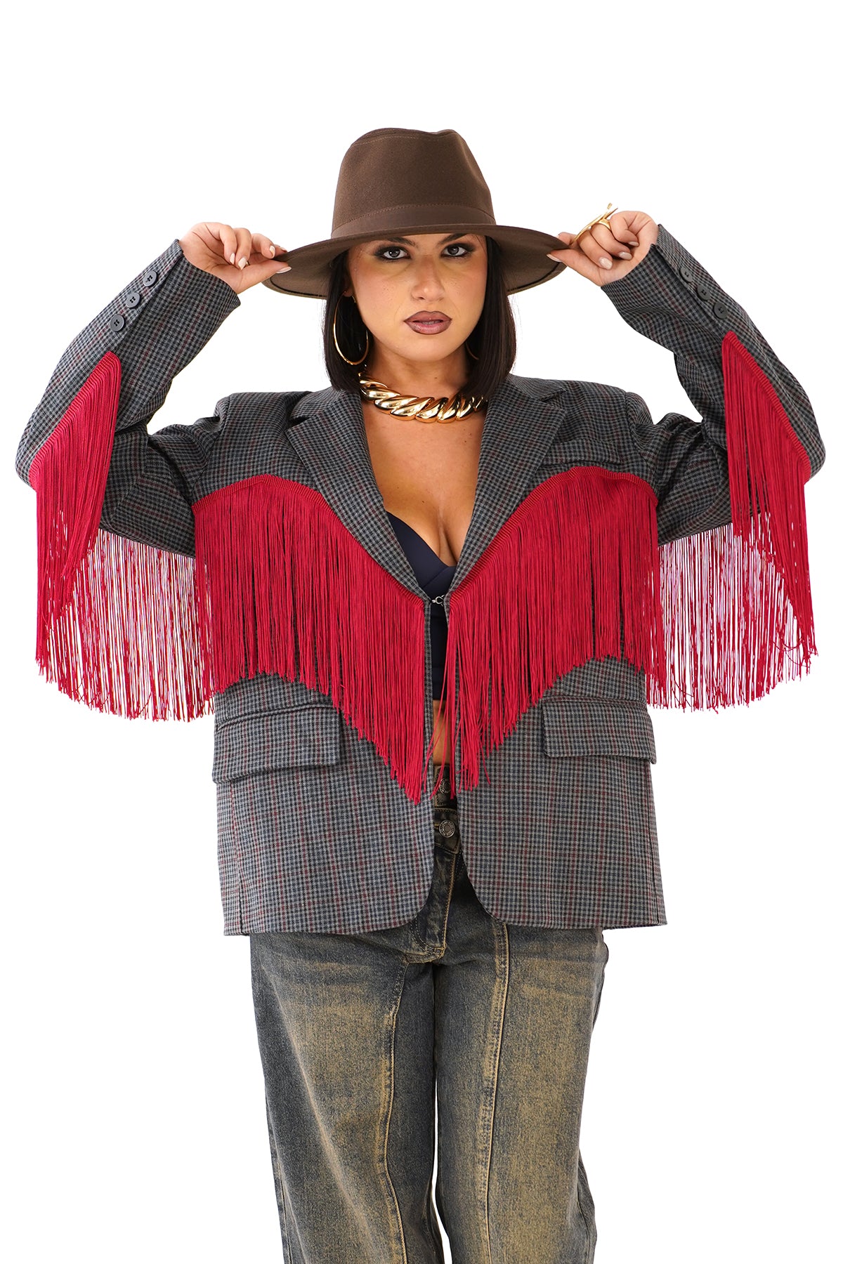 BLAZER OVERSIZE BROOKLYN GRIGIO CON FRANGE ROSSE WESTERN CHIC