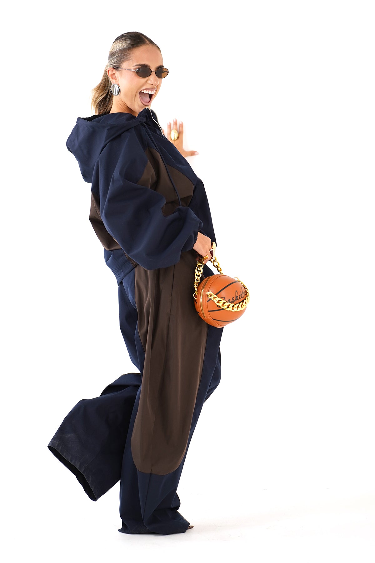 PANTALONI BEATRICE BLU NOTTE MARRONE PARACHUTE WIDE LEG TAGLIA UNICA LUMINA