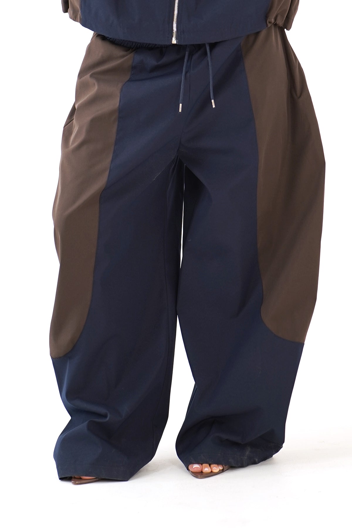 PANTALONI BEATRICE BLU NOTTE MARRONE PARACHUTE WIDE LEG TAGLIA UNICA LUMINA