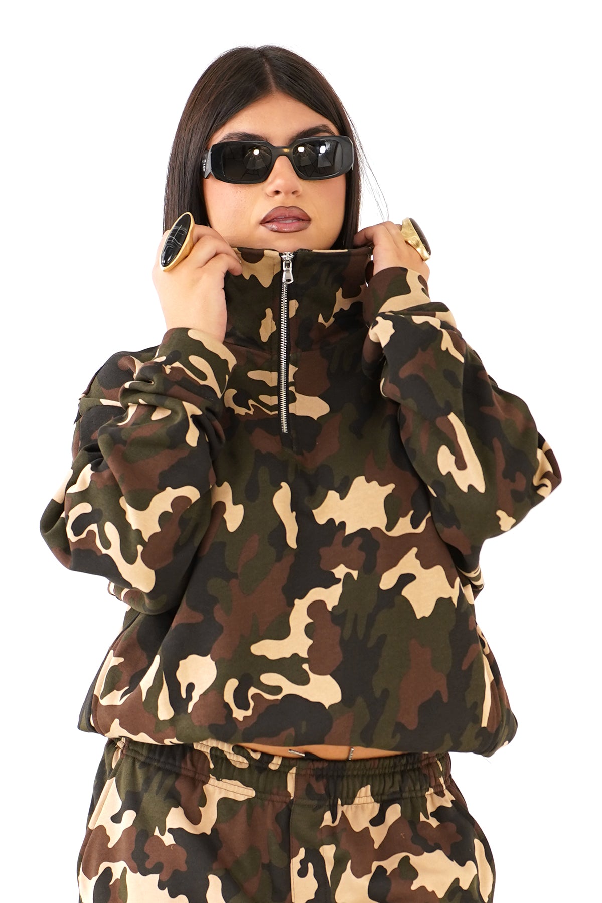 FELPA AVA MARRONE MILITARE CON MEZZA ZIP LUMINA