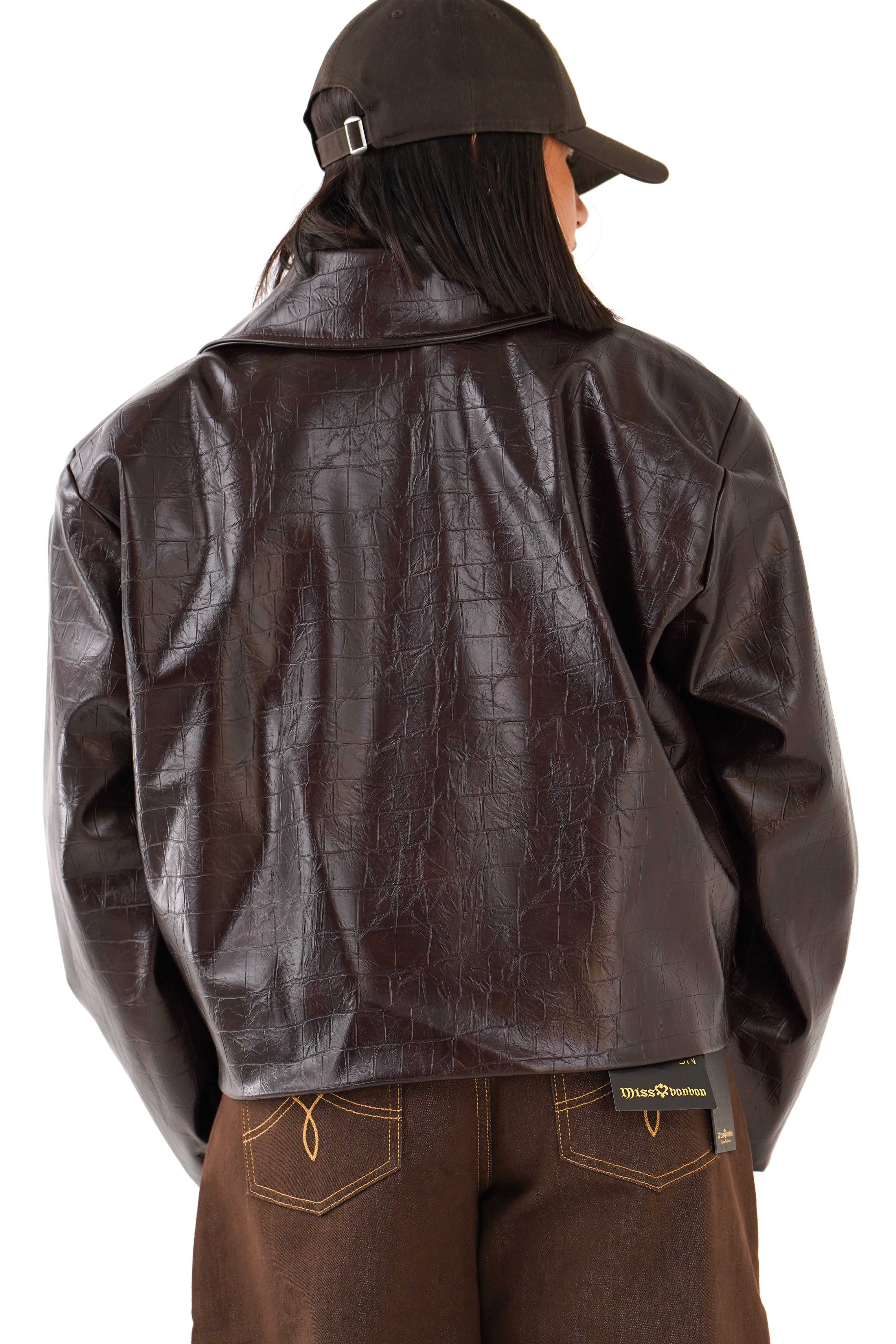BLAZER CHARLOTTE MARRONE CROPPED TRAMA COCCODRILLO DOPPIOPETTO  TAGLIA UNICA JUST WEST