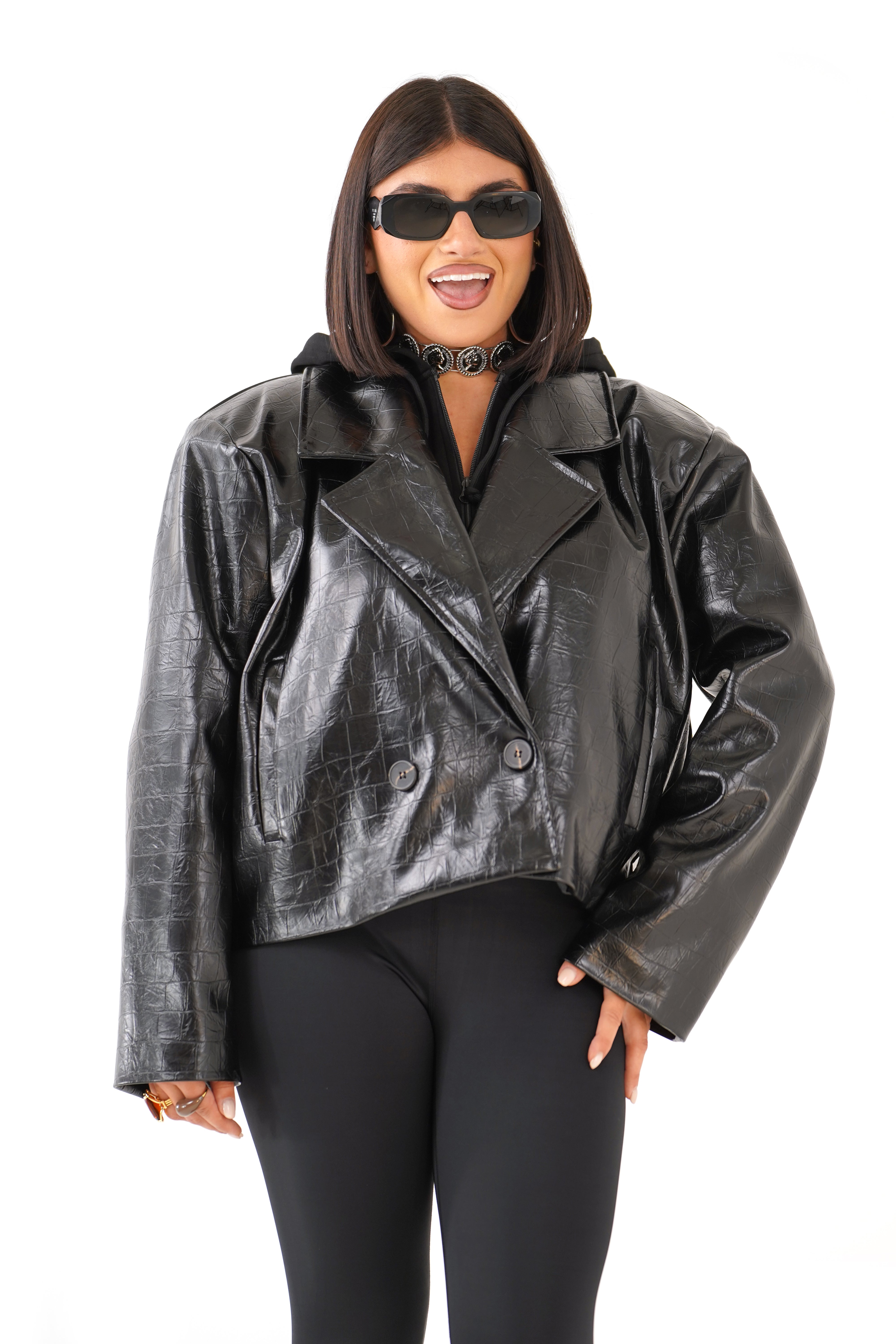 BLAZER CHARLOTTE NERO CROPPED TRAMA COCCODRILLO DOPPIOPETTO  TAGLIA UNICA JUST WEST
