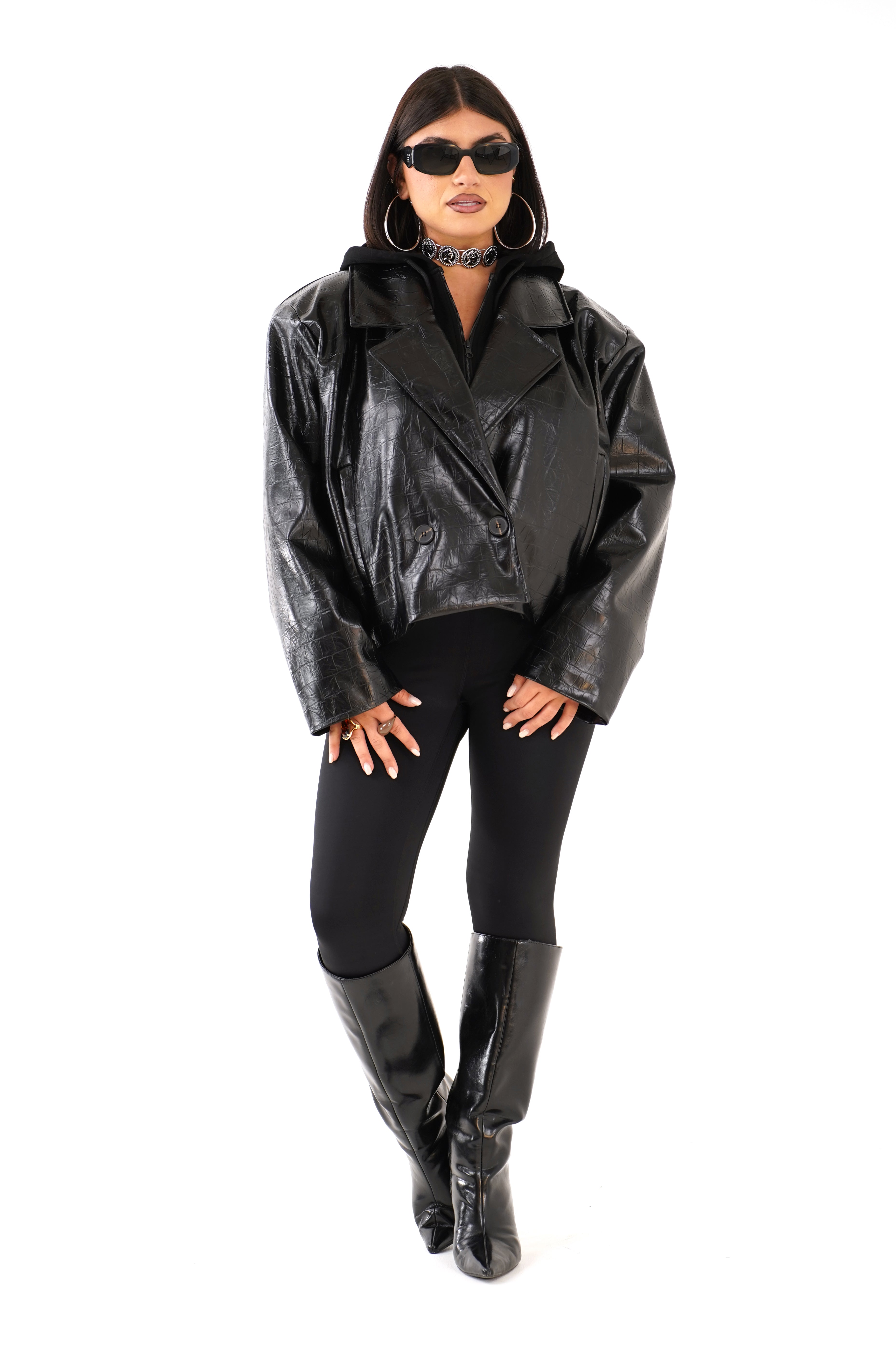 BLAZER CHARLOTTE NERO CROPPED TRAMA COCCODRILLO DOPPIOPETTO  TAGLIA UNICA JUST WEST