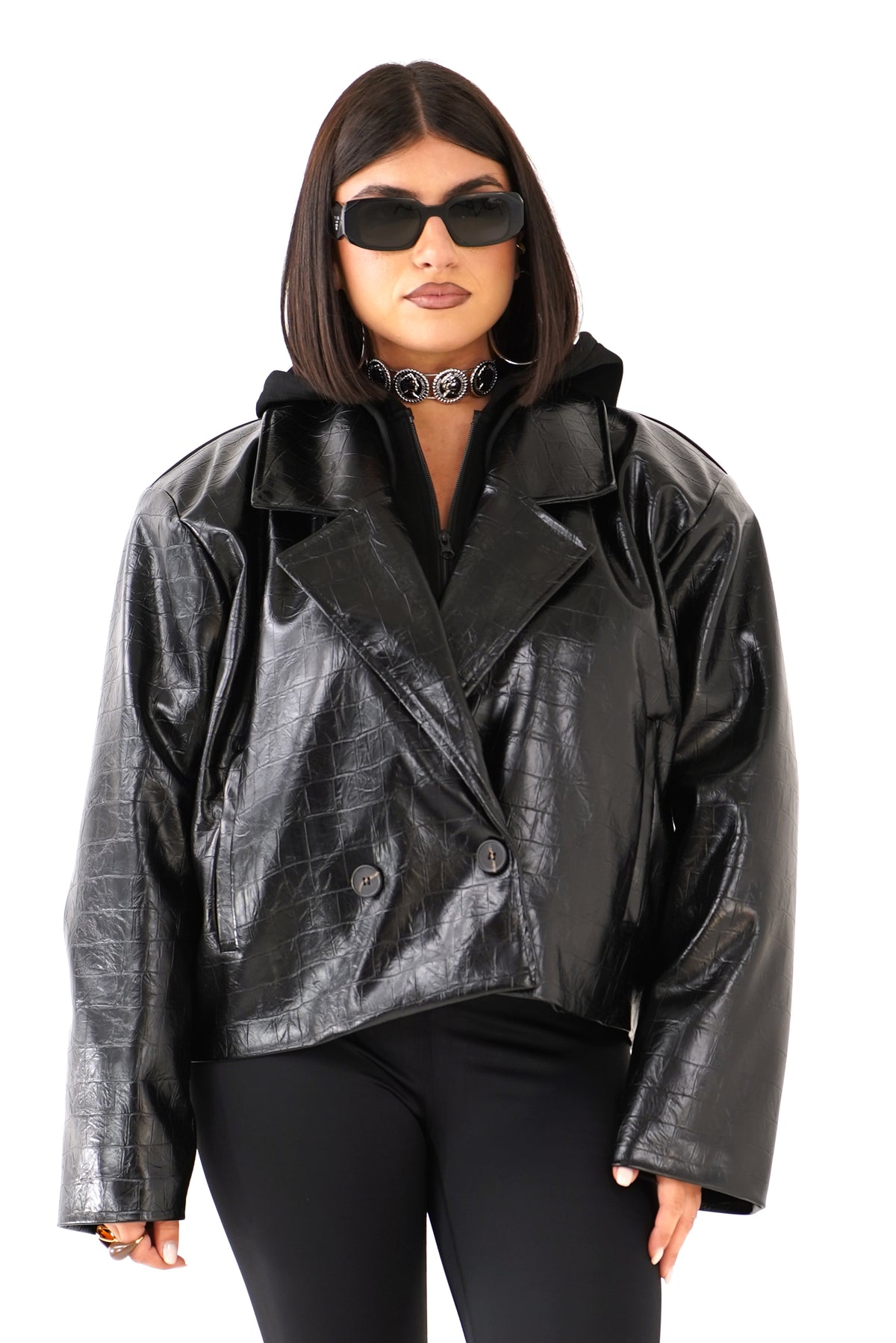 BLAZER CHARLOTTE NERO CROPPED TRAMA COCCODRILLO DOPPIOPETTO  TAGLIA UNICA JUST WEST