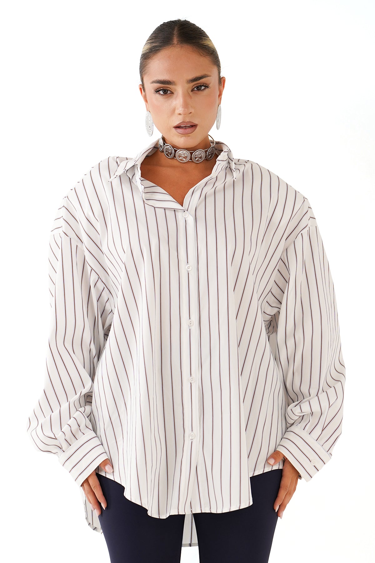 CAMICIA PERLA BIANCO OVERSIZE RIGATA CON SPALLINE IMBOTTITE TAGLIA UNICA JUST WEST