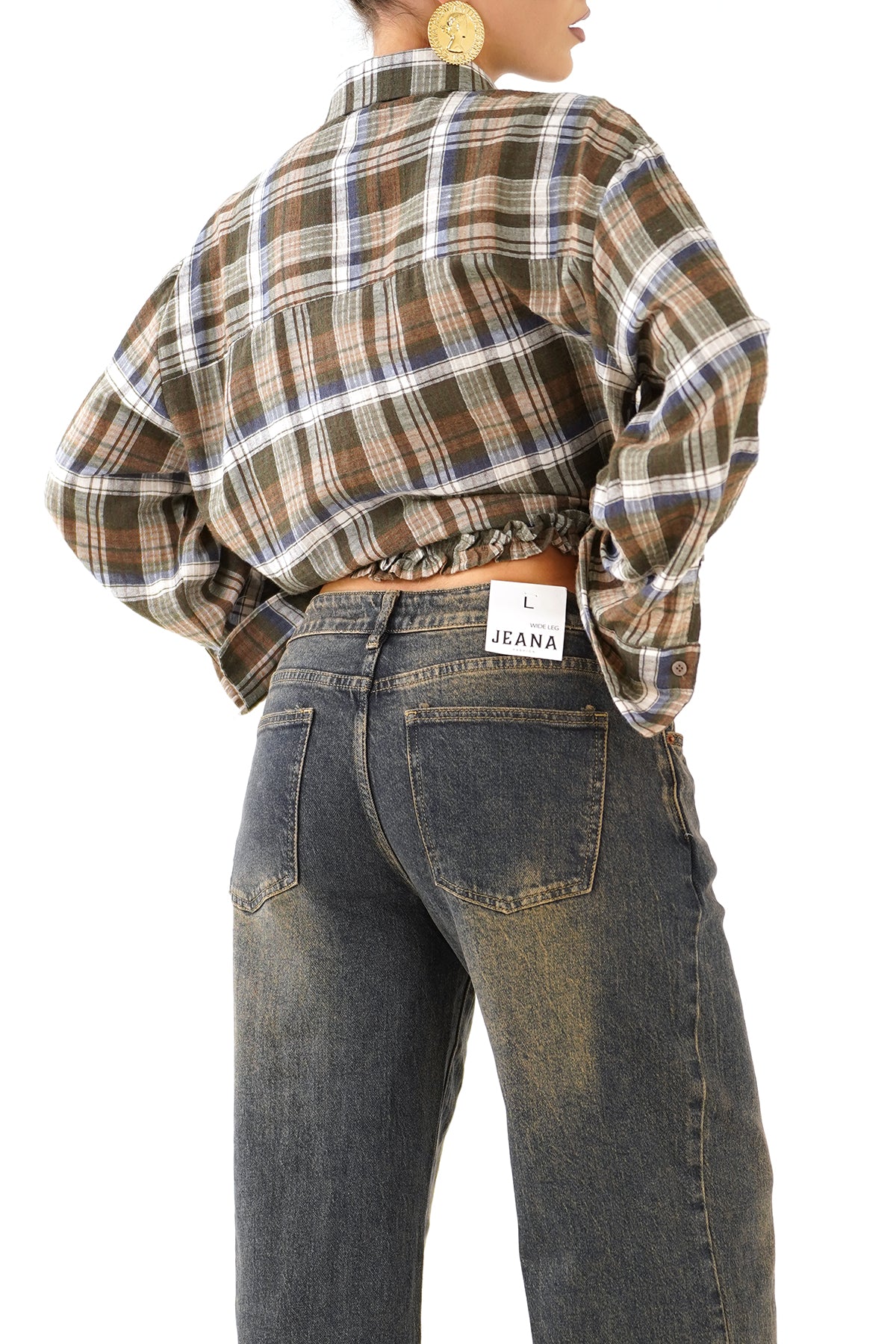 CAMICIA GRETA VERDE CROPPED A QUADRI CON BORDO ARRICCIATO