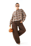 CAMICIA GRETA MARRONE CROPPED A QUADRI CON BORDO ARRICCIATO