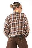CAMICIA GRETA MARRONE CROPPED A QUADRI CON BORDO ARRICCIATO
