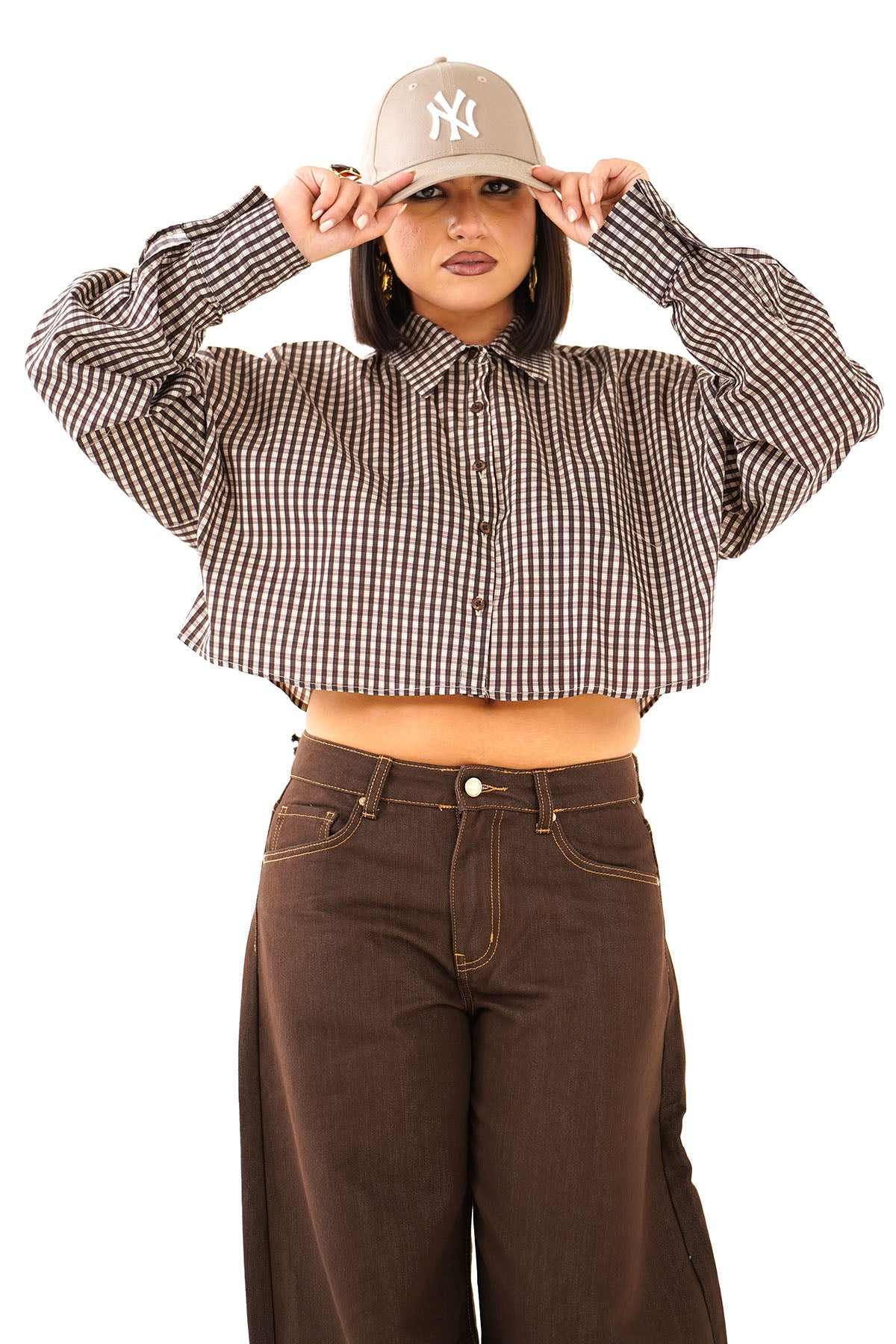 CAMICIA MAYA CROPPED MARRONE MICRO CHECK A QUADRETTI