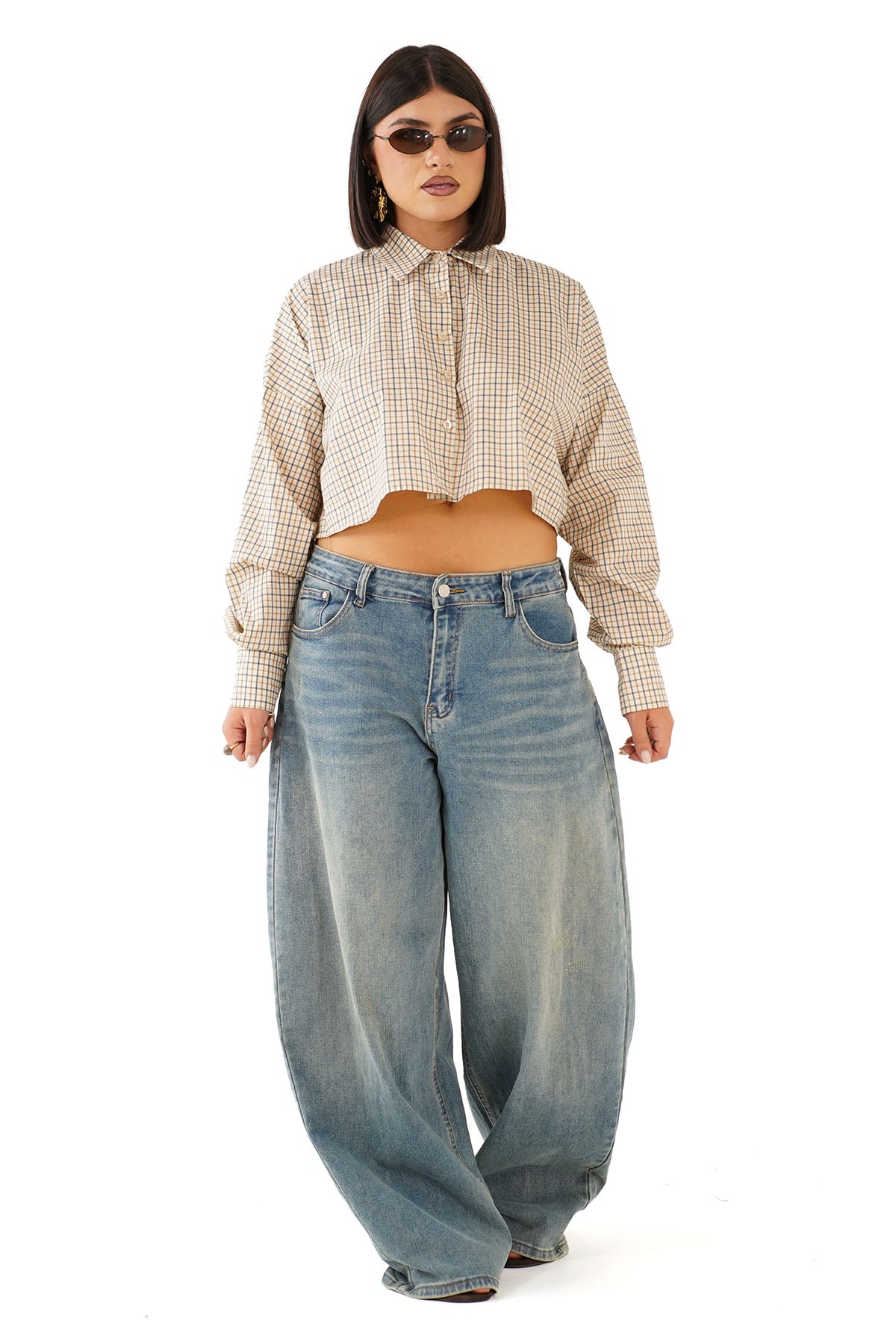 CAMICIA MAYA CROPPED BEIGE MICRO CHECK A QUADRETTI JUSTWEST
