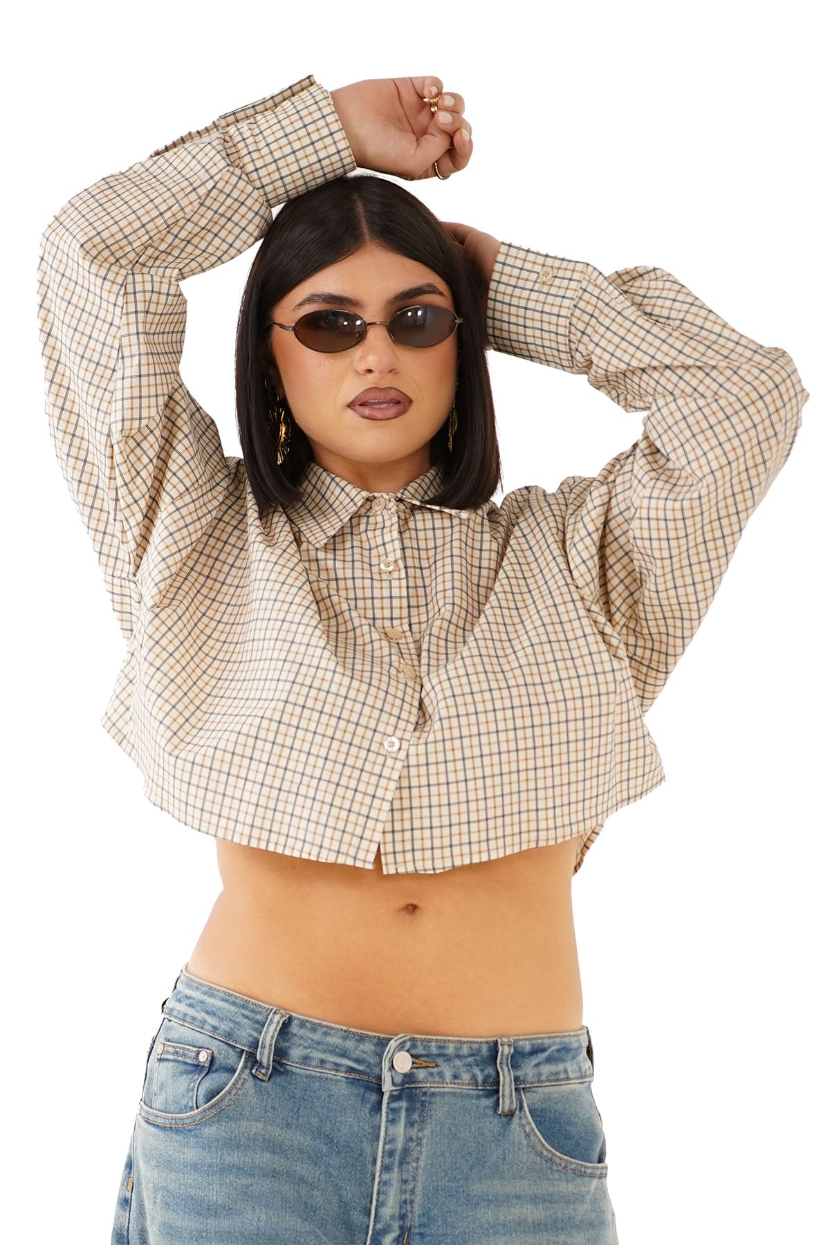 CAMICIA MAYA CROPPED BEIGE MICRO CHECK A QUADRETTI JUSTWEST