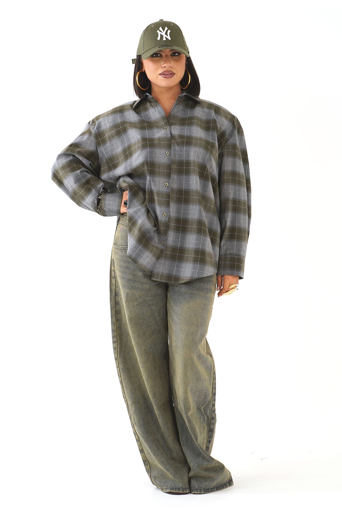 CAMICIA RUBINA VERDE OVERSIZE A QUADRI CON SPALLINE IMBOTTITE TAGLIA UNICA JUST WEST