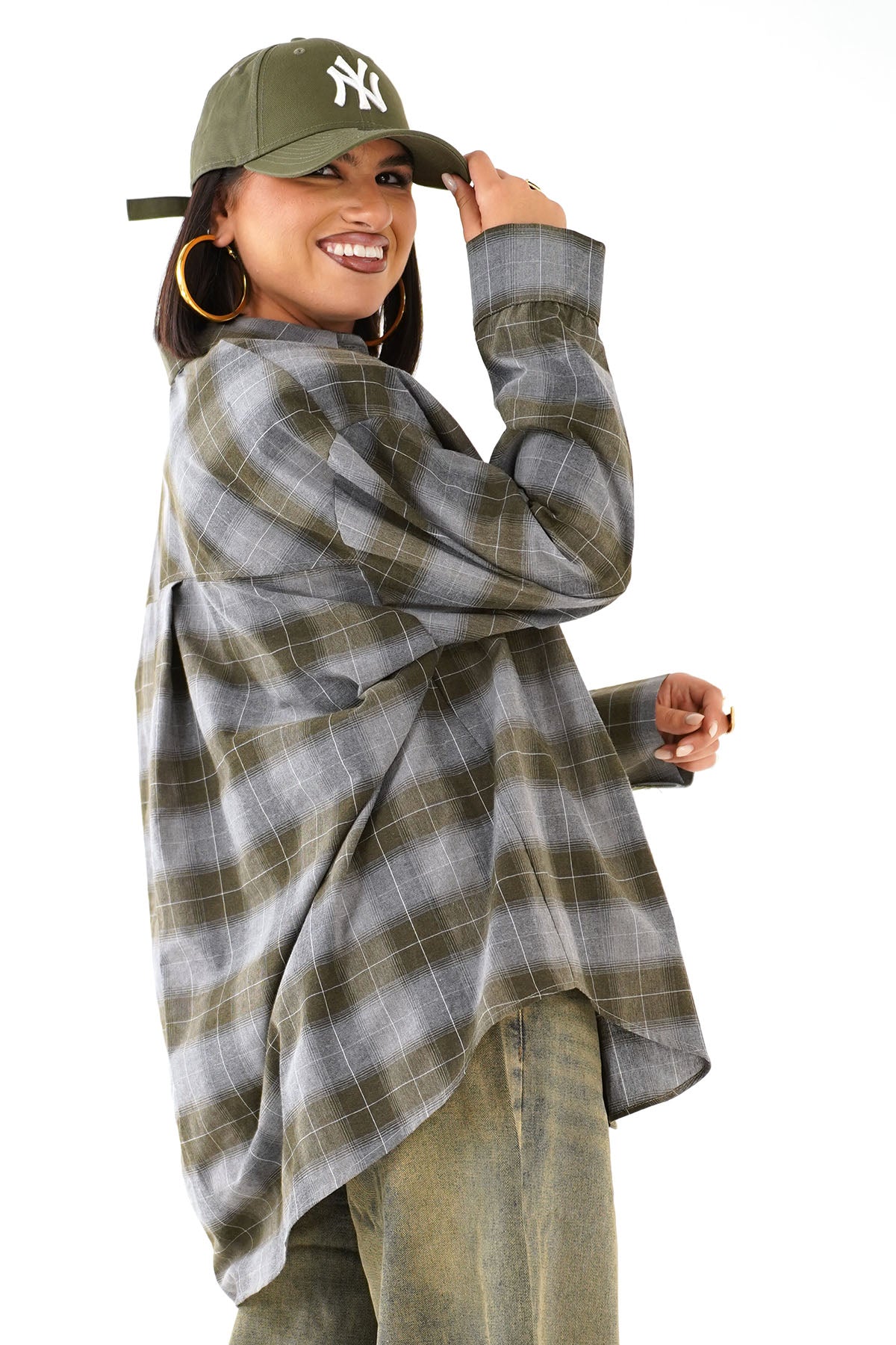 CAMICIA RUBINA VERDE OVERSIZE A QUADRI CON SPALLINE IMBOTTITE TAGLIA UNICA JUST WEST