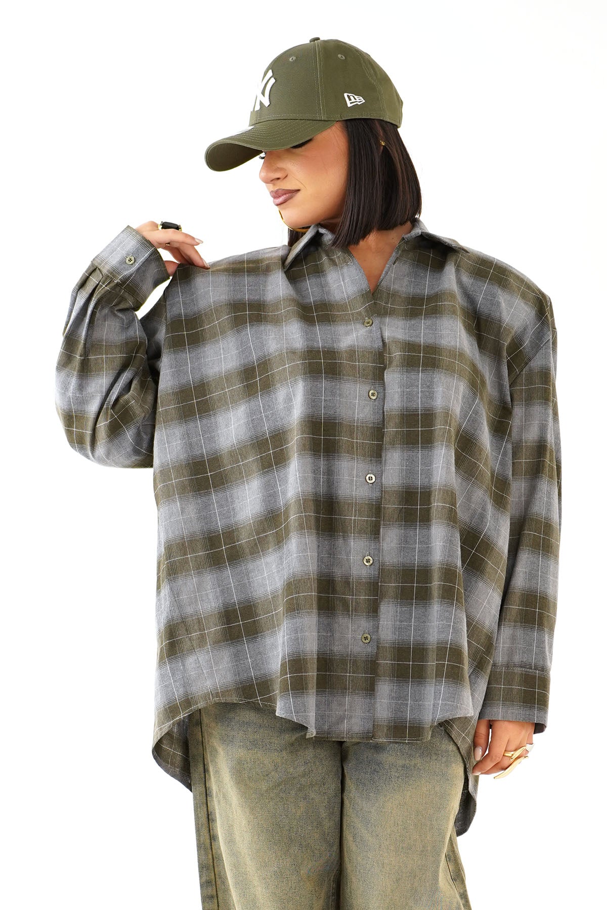 CAMICIA RUBINA VERDE OVERSIZE A QUADRI CON SPALLINE IMBOTTITE TAGLIA UNICA JUST WEST