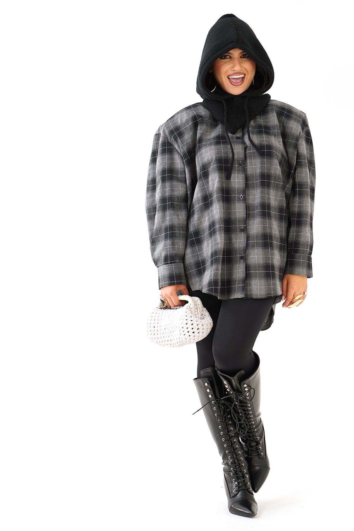 CAMICIA RUBINA NERA OVERSIZE A QUADRI CON SPALLINE IMBOTTITE TAGLIA UNICA JUST WEST