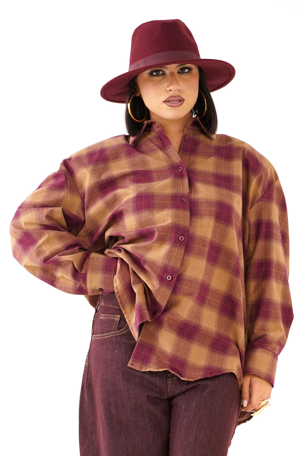 CAMICIA RUBINA TERRACOTTA OVERSIZE A QUADRI CON SPALLINE IMBOTTITE TAGLIA UNICA JUST WEST