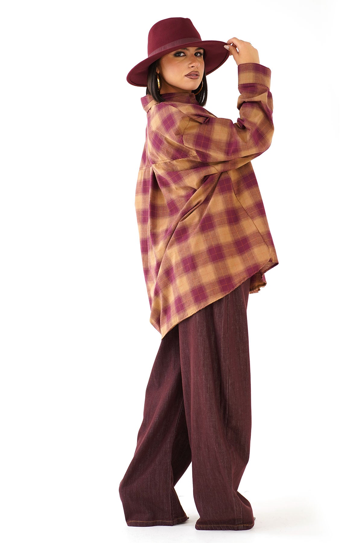CAMICIA RUBINA TERRACOTTA OVERSIZE A QUADRI CON SPALLINE IMBOTTITE TAGLIA UNICA JUST WEST