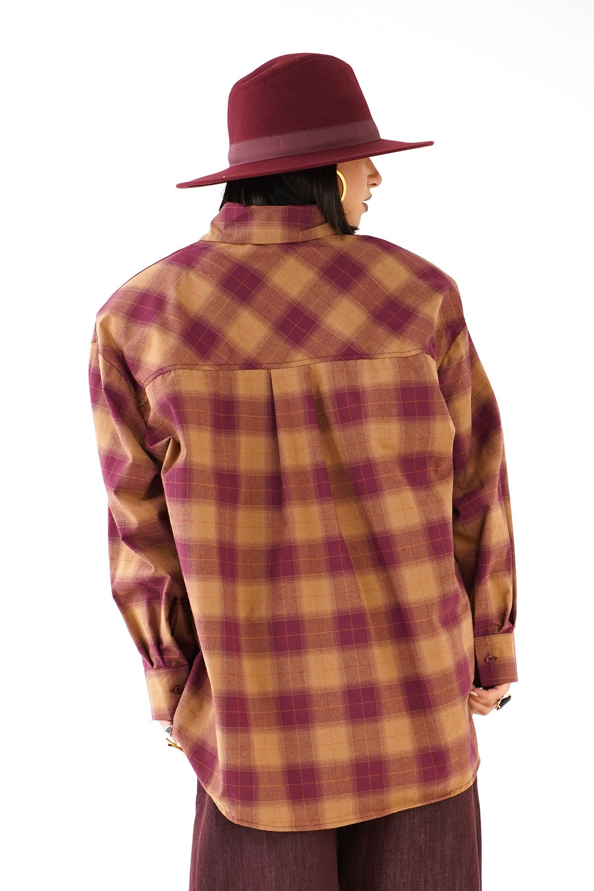 CAMICIA RUBINA TERRACOTTA OVERSIZE A QUADRI CON SPALLINE IMBOTTITE TAGLIA UNICA JUST WEST