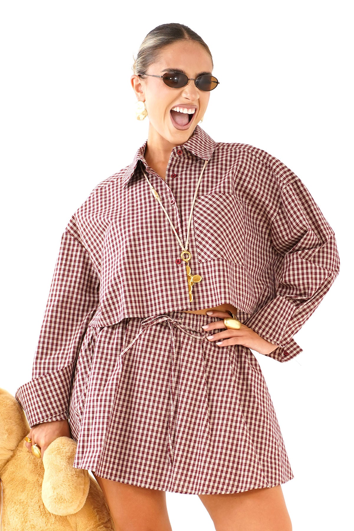 COORDINATO MEGAN BORDEAUX CAMICIA CROPPED E MINIGONNA A QUADRETTI TAGLIA UNICA JUST WEST