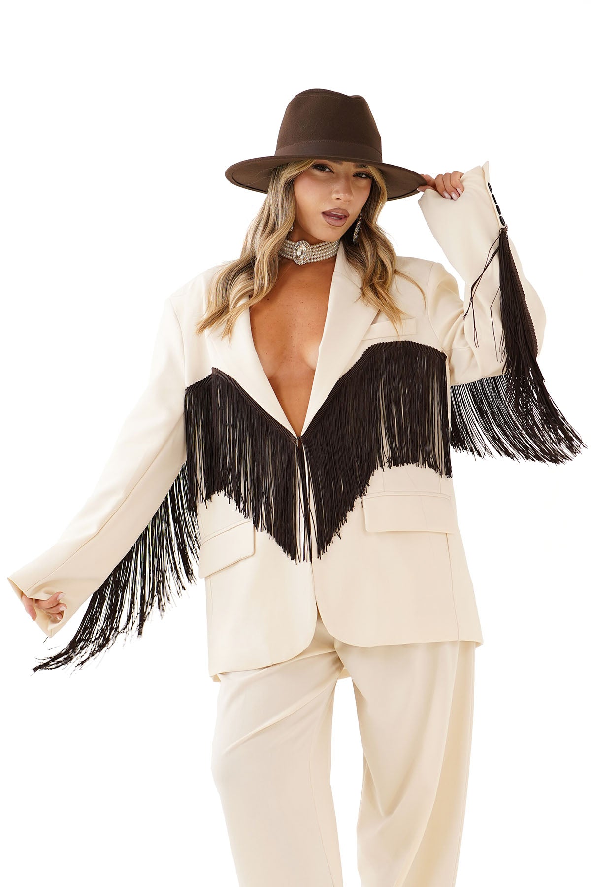 BLAZER PARIS OVERSIZE BEIGE CON FRANGE LUMINA