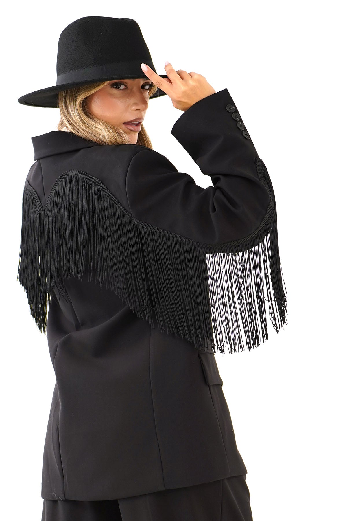 TAILLEUR SKYLER NERO SARTORIALE BLAZER FRANGE E PANTALONE
