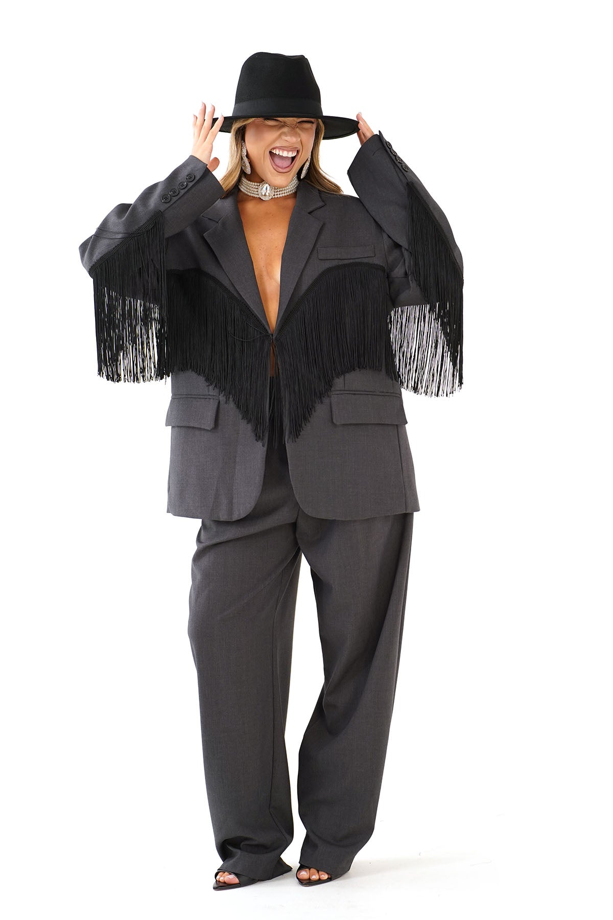 TAILLEUR SKYLER GRIGIO SARTORIALE BLAZER FRANGE E PANTALONE
