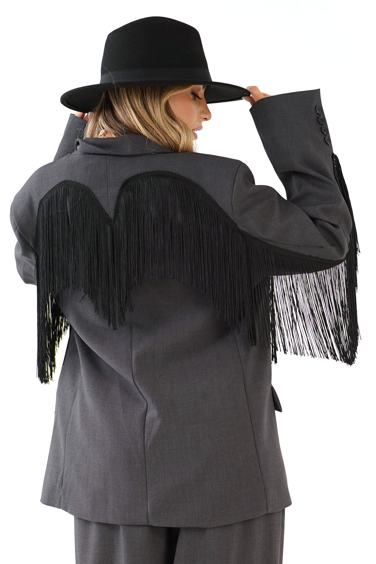 TAILLEUR SKYLER GRIGIO SARTORIALE BLAZER FRANGE E PANTALONE
