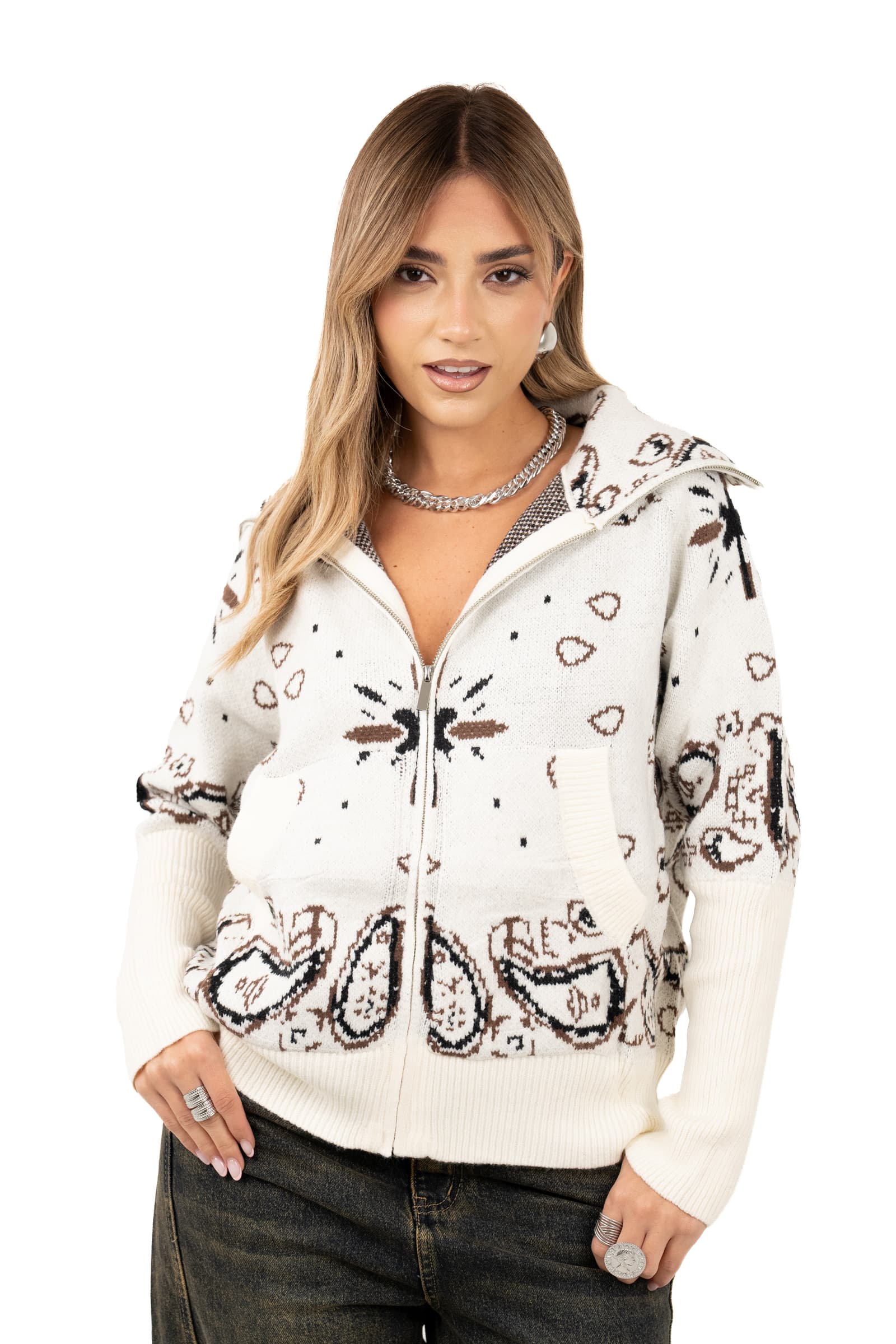 CARDIGAN ANASTASIA PANNA/MARRONE FANTASIA BANDANA TAGLIA UNICA
