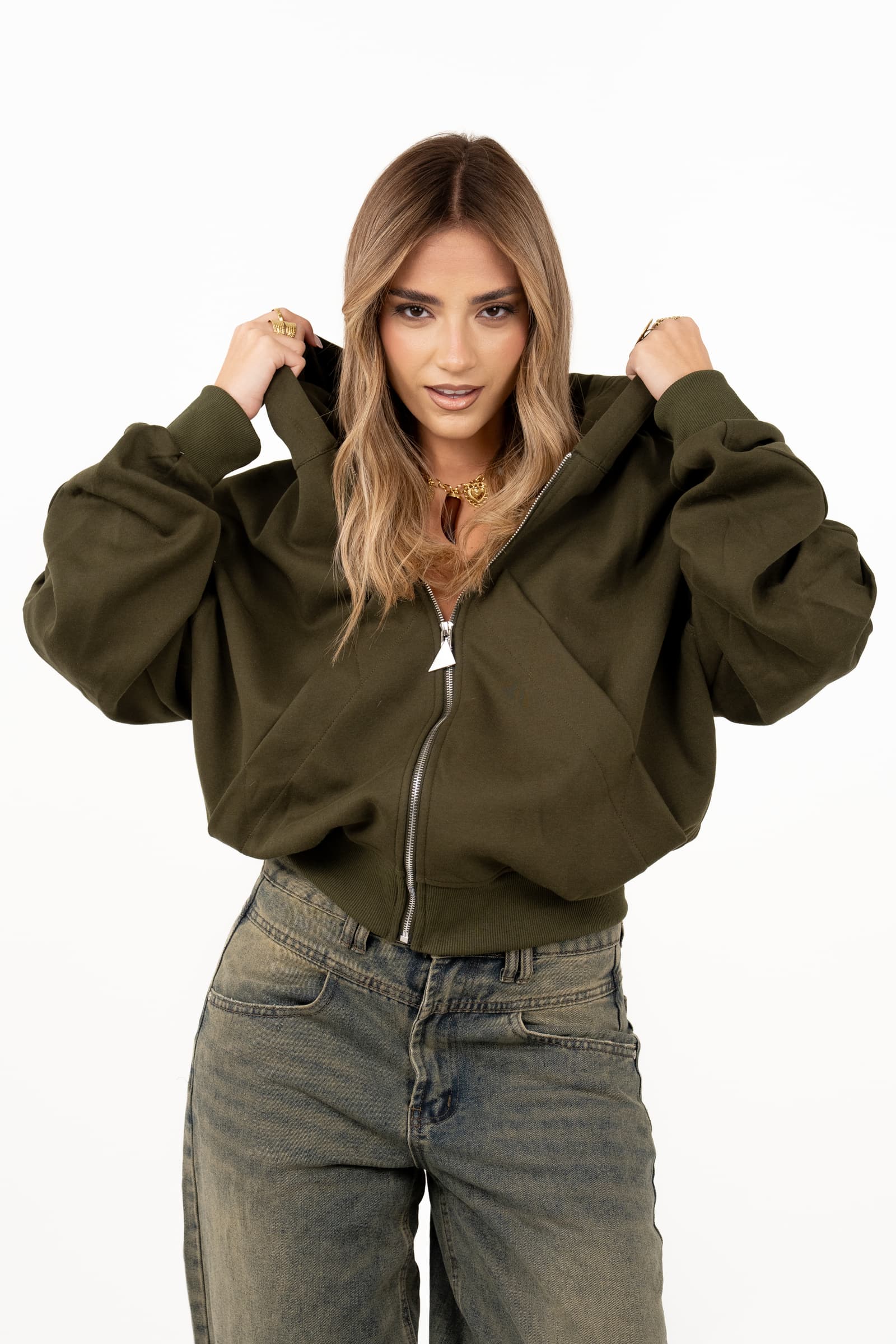 FELPA TETI VERDE MILITARE CON ZIP E CAPPUCCIO ZIP MOCHY TAGLIA UNICA