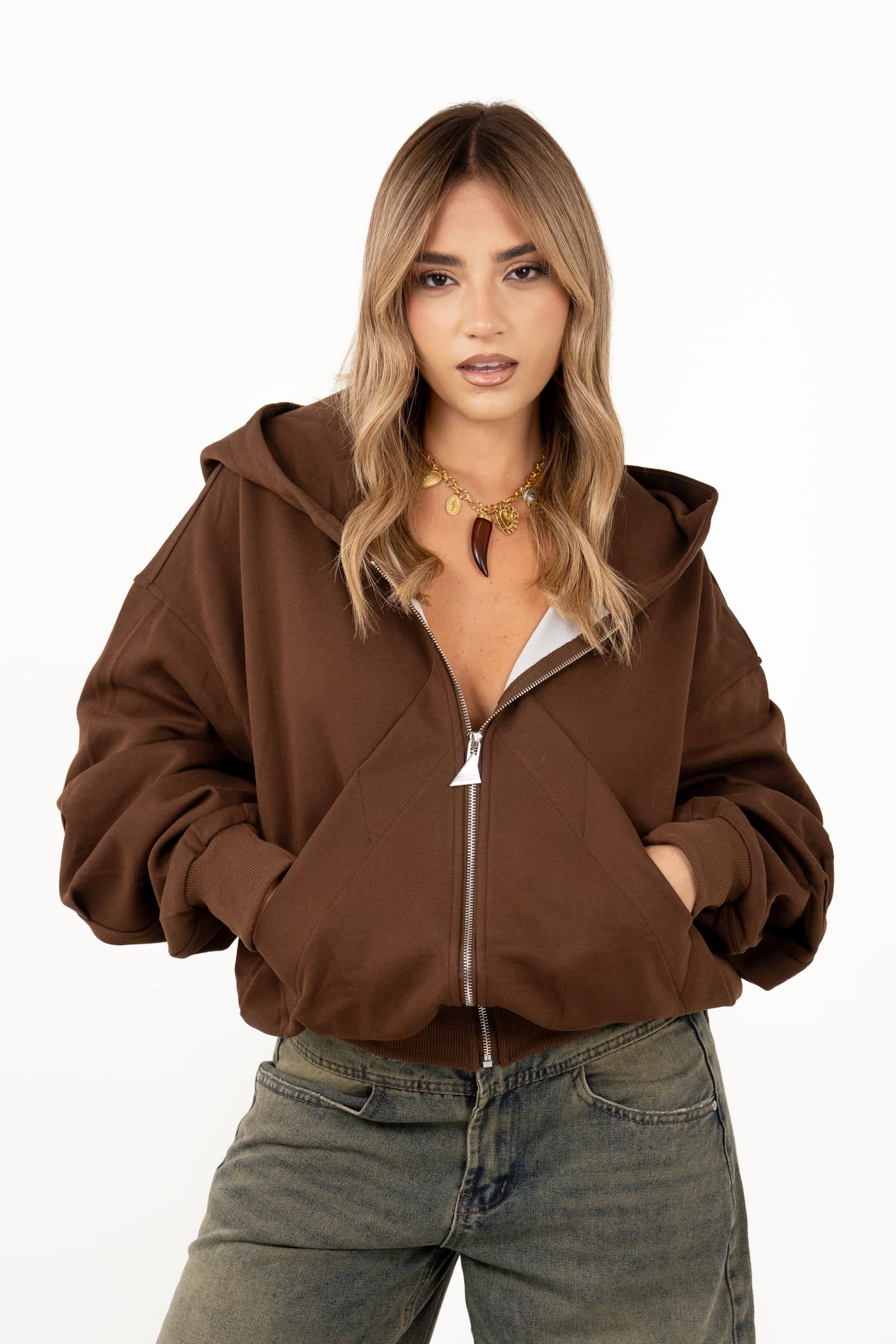 FELPA TETI MARRONE CON ZIP E CAPPUCCIO ZIP MOCHY TAGLIA UNICA