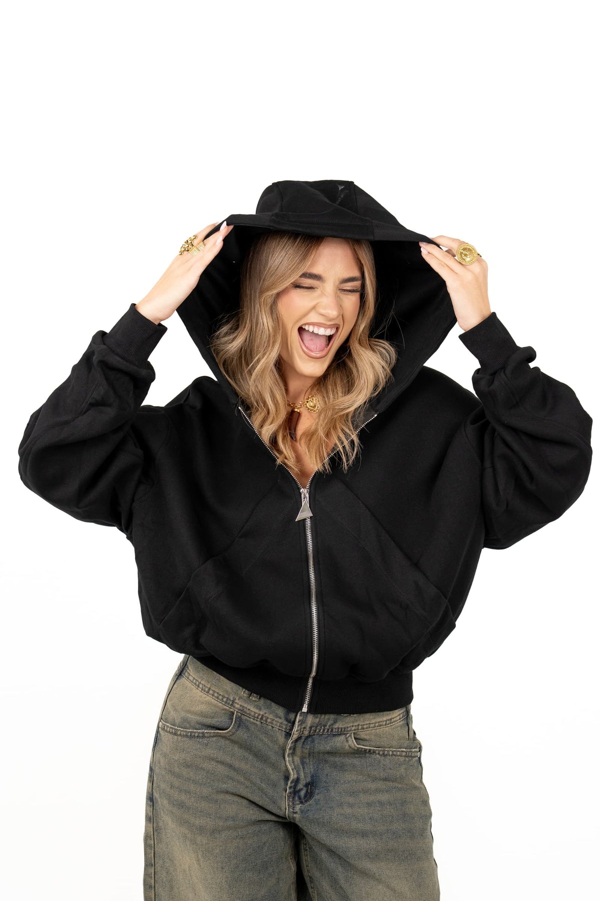 FELPA TETI NERA CON ZIP E CAPPUCCIO ZIP MOCHY TAGLIA UNICA