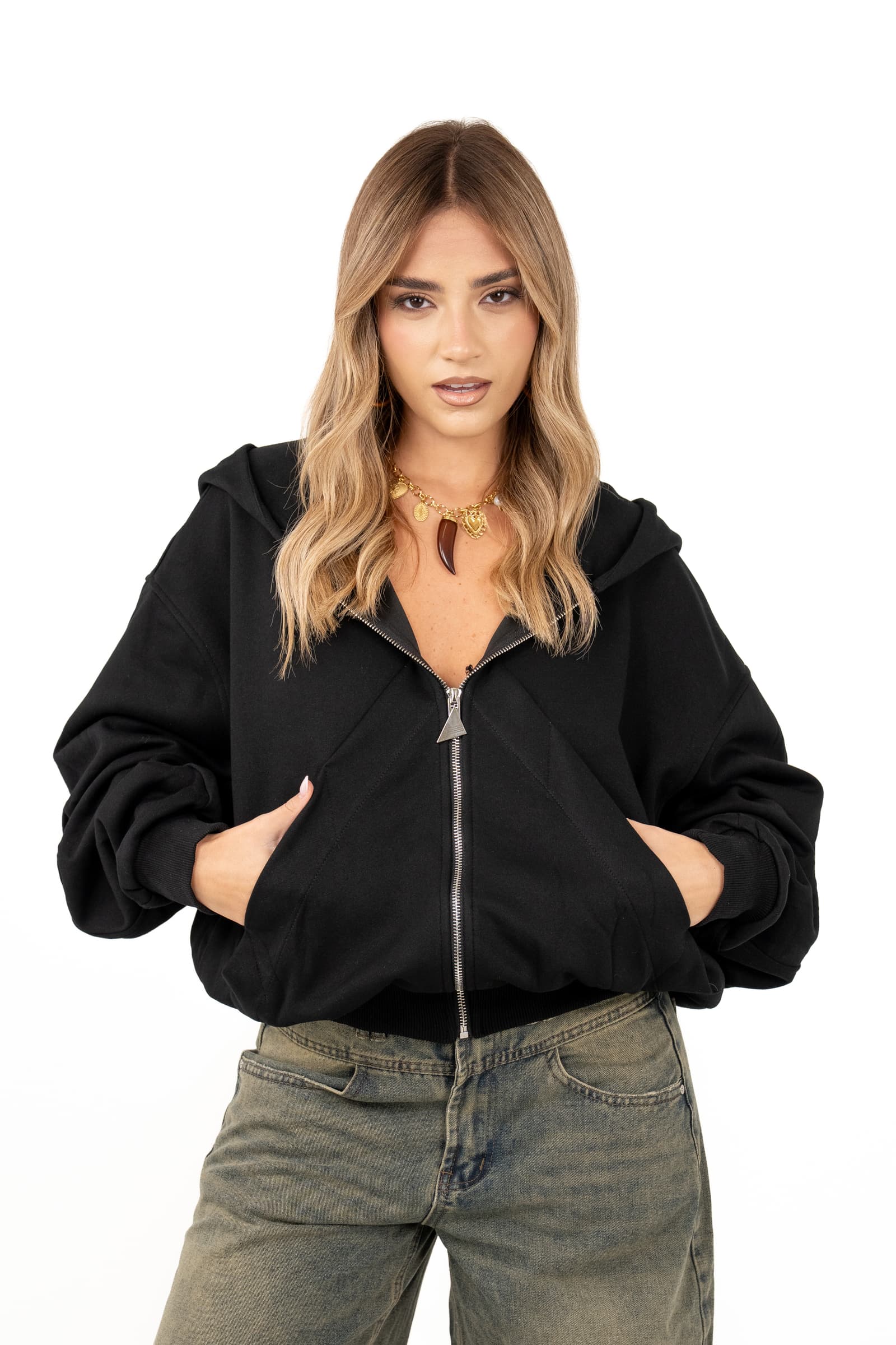 FELPA TETI NERA CON ZIP E CAPPUCCIO ZIP MOCHY TAGLIA UNICA