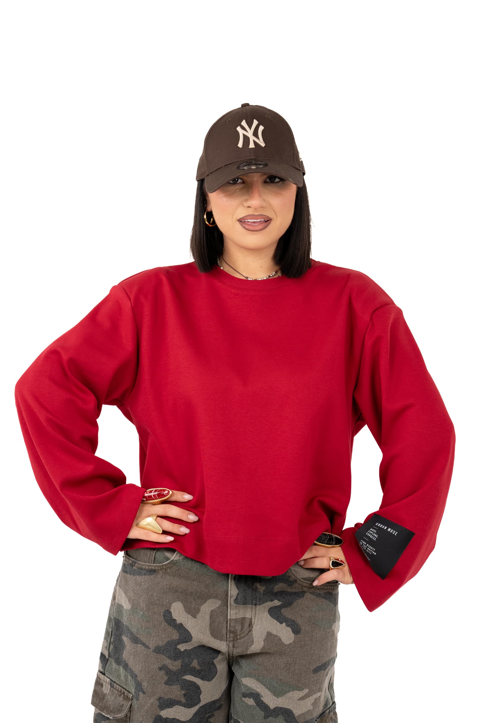 FELPA URBAN MUSE ROSSA CON ETICHETTA SULLA MANICA TAGLIA UNICA LUMINA