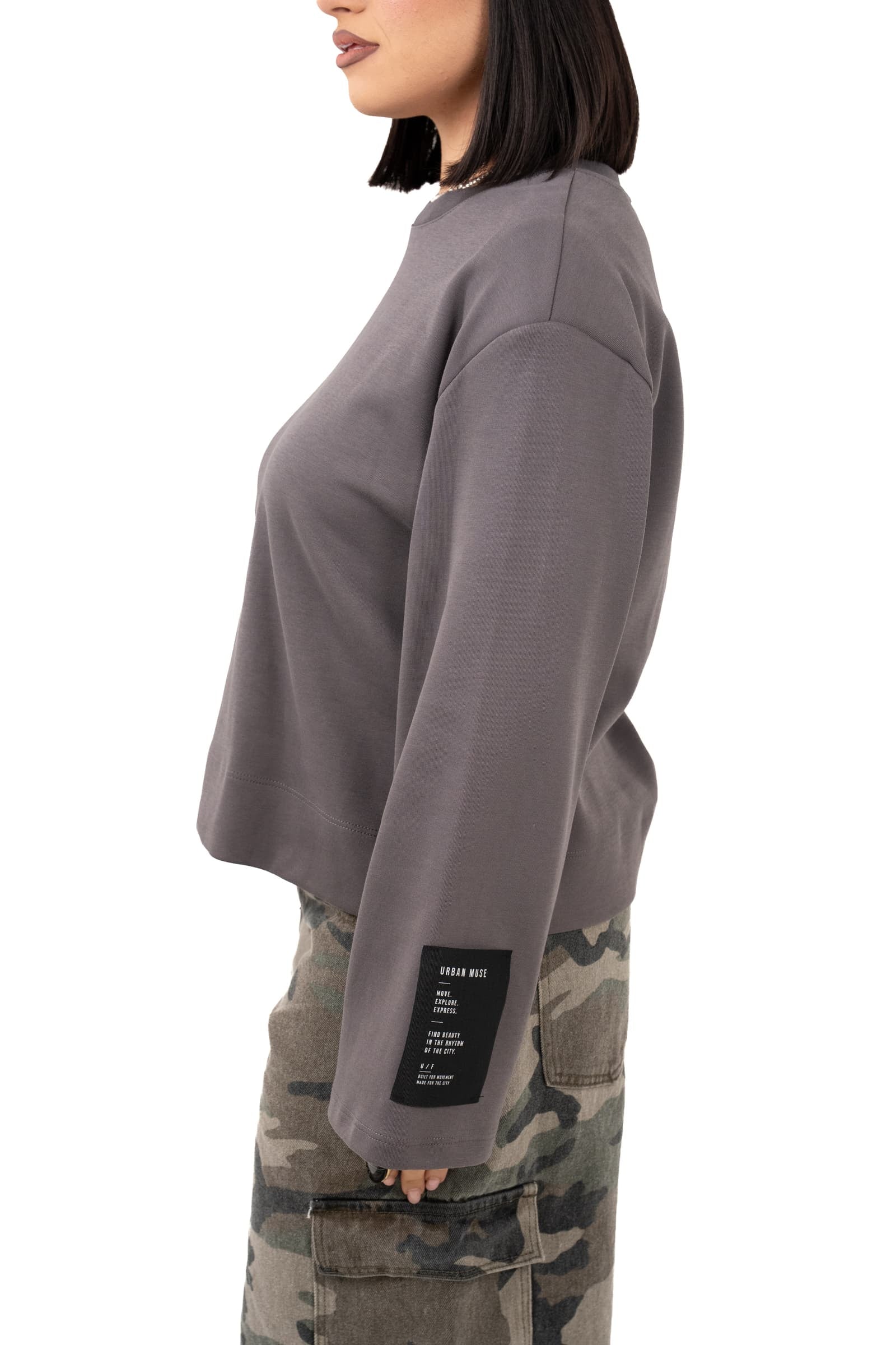 FELPA URBAN MUSE GRIGIO CON ETICHETTA SULLA MANICA TAGLIA UNICA LUMINA